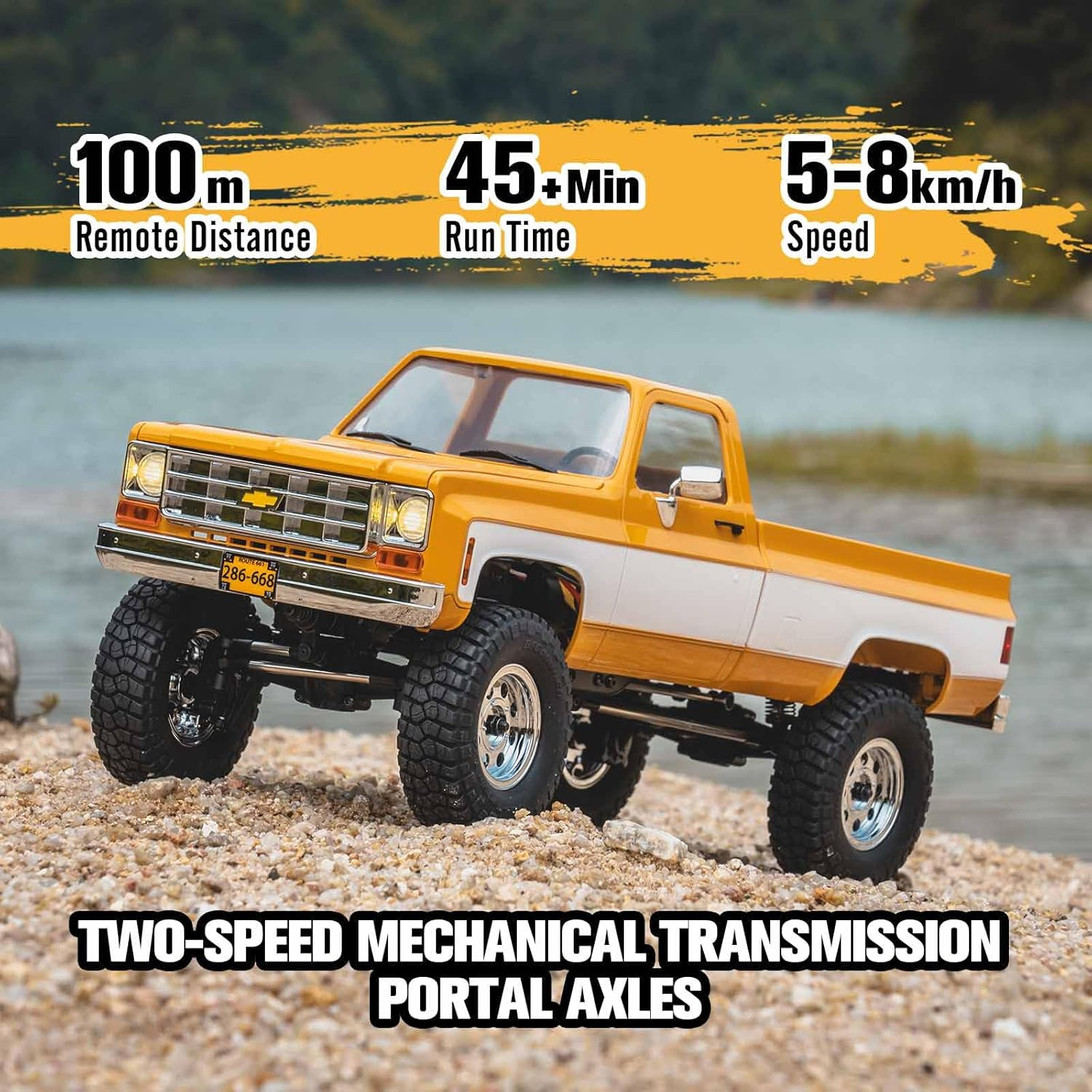 FMS 1/18 Chevrolet K10 RC Truck FCX18, Officially Licensed 4WD 2.4Ghz RC Crawler 2 Speeds Switch with 900Mah Battery and LED Lights, Off-Road RC Model for Adults (Yellow)