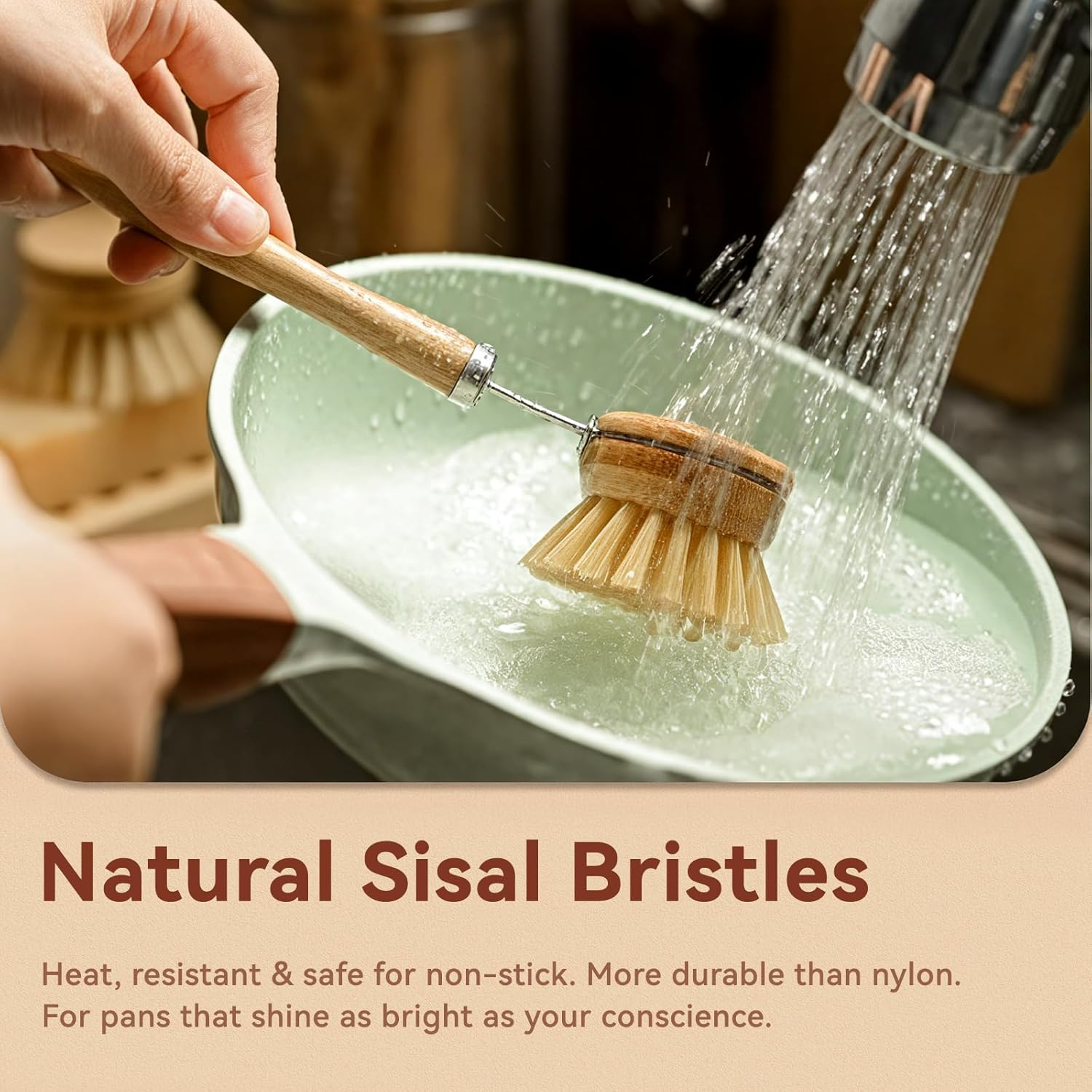 Sashion Bamboo Dish Brush Set - 5 Pack Wooden Dish Brush Scrubber Brushes, Soft Sisal Dish Scrubbing Brush with Handle, Palm Scrub Brush and Straw Brush, Fruit Vegetable Cleaning Brushes image number 3