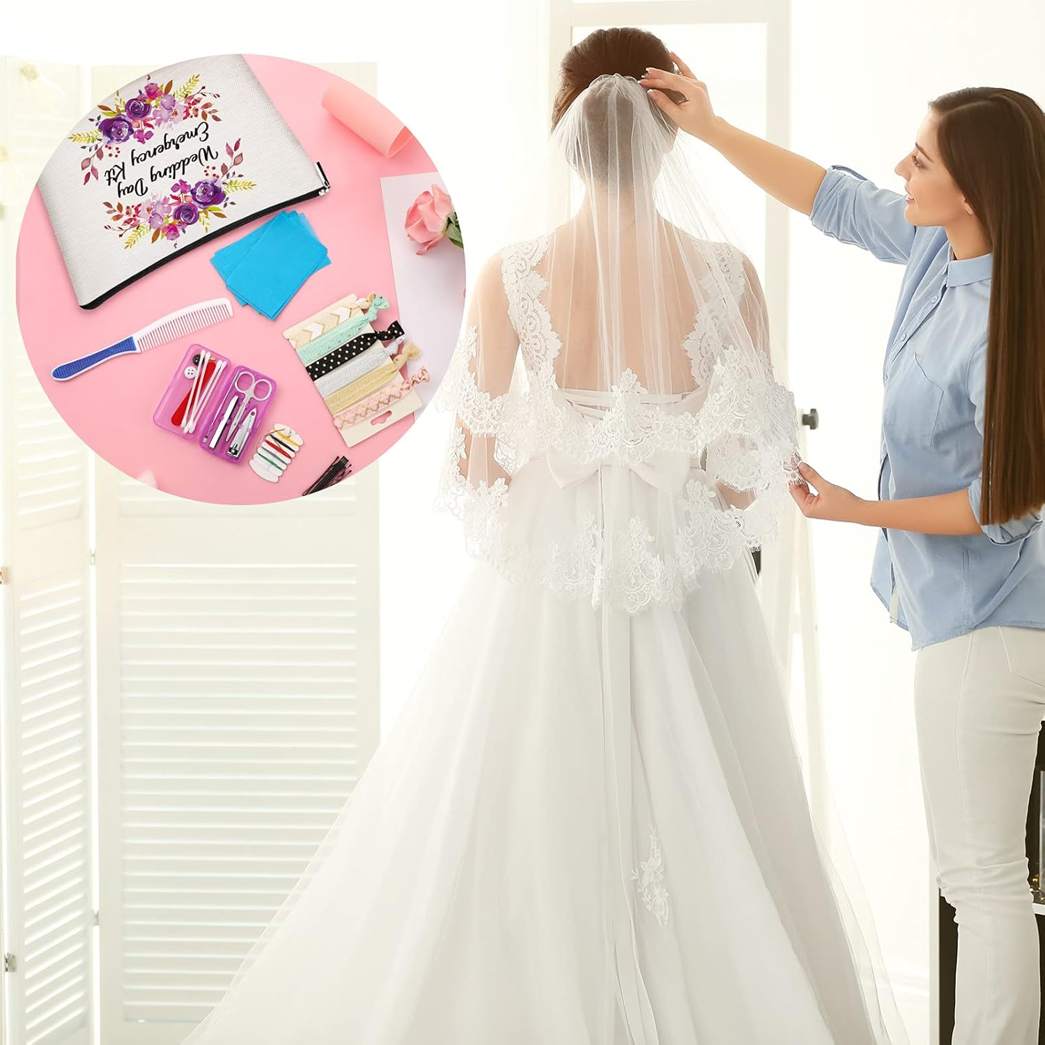 Floral Wedding Emergency Kit for Bride Wedding Survival Kit with Makeup Bag, Bride Kit Bridal Shower Gift Present Fun Engagement Present for Bride Emergency Supplies image number 3