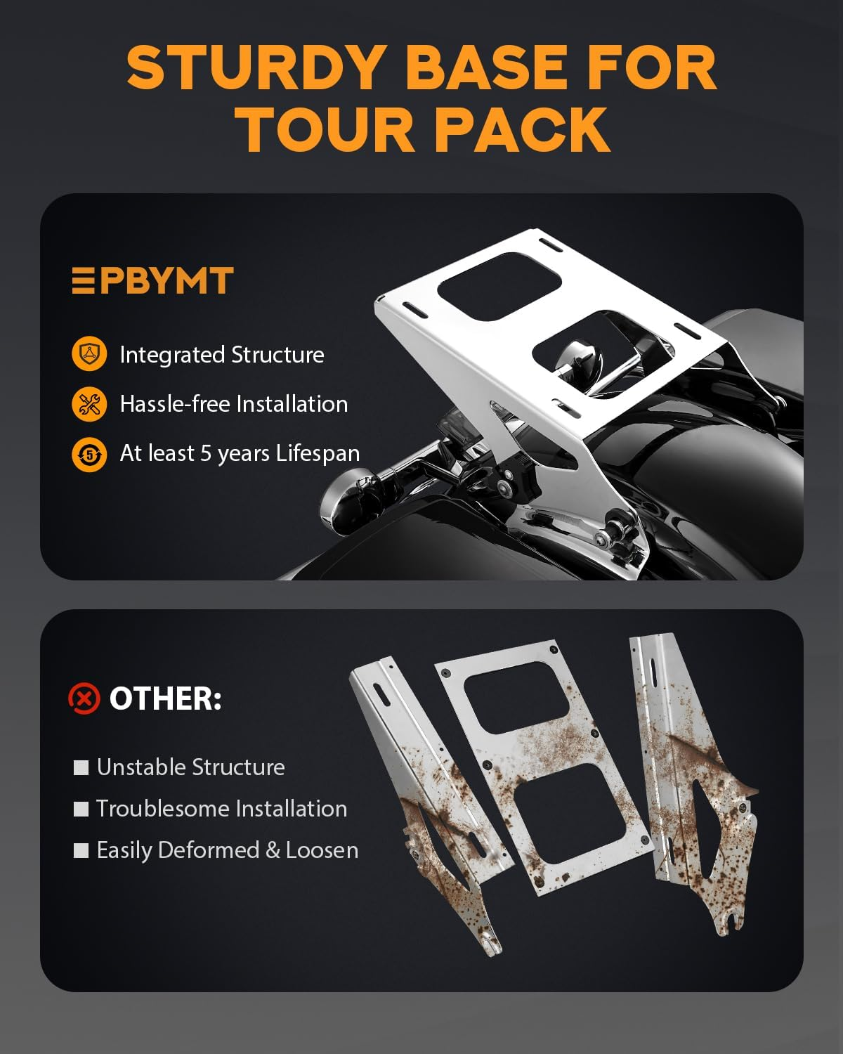 PBYMT Tour Pack Mount Thicker Tour Pack Bracket Detachable Two-Up Luggage Rack Fits for Harley Davidson Touring Street Glide Road King Electra Glide 2014-2025,Chrome image number 1