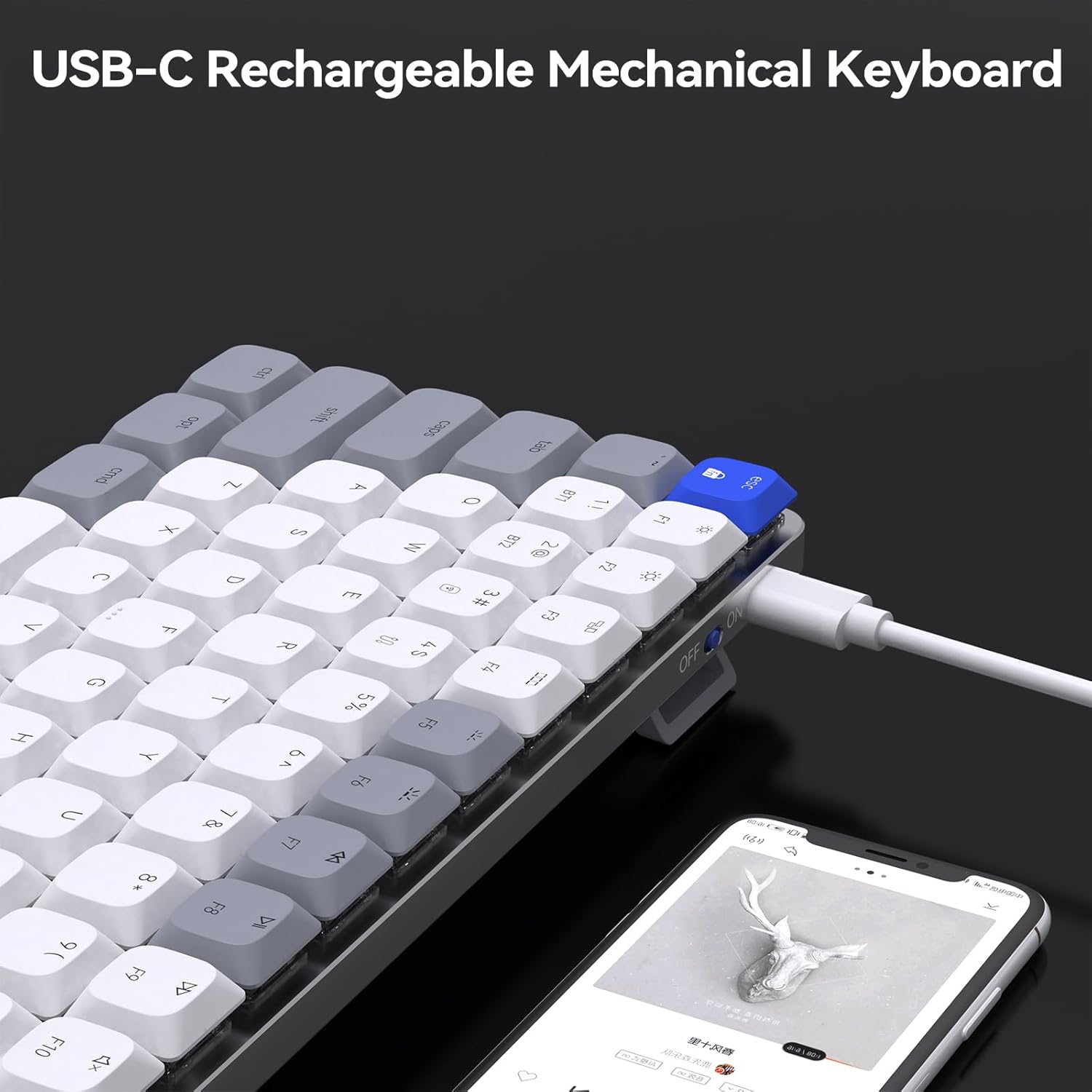 AUSDOM 75% Mechanical Keyboard, 84 Keys Compact Low Profile Wireless Gaming Keyboard with White LED Backlit, Bluetooth/2.4Ghz/Usb-C, Brown Switch Compatible with Mac Windows image number 6