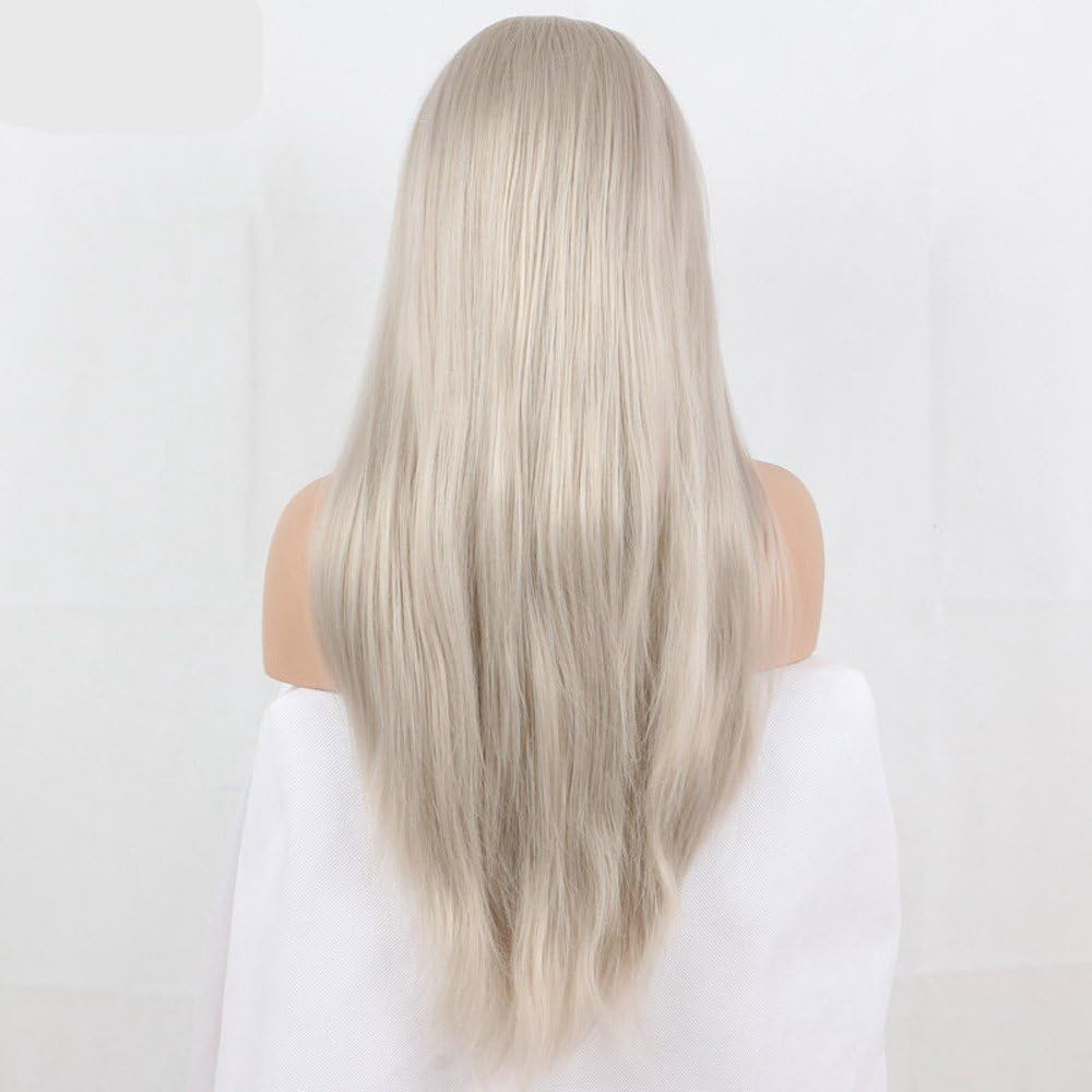 Xiweiya Long Silver Blonde Lace Front Wigs Light Silver Synthetic Lace Front Wig 13X3 Lace Silver Grey Wig Heat Resistant Fiber Half Hand Tied Middle Part for Women Drag Queen 24Inch image number 4