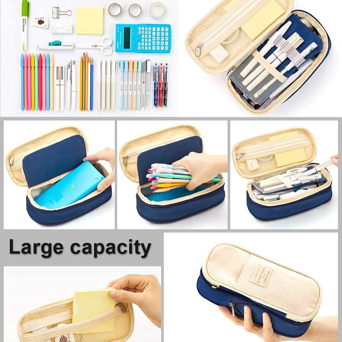 Isuperb Large Pencil Case Pen Holder with Zipper Beige and Blue Colour Clash Pencil Bag with Compartment Large Capacity Canvas Stationery Storage Bag Deformable Zipper Pencil Box for School or Office image number 3