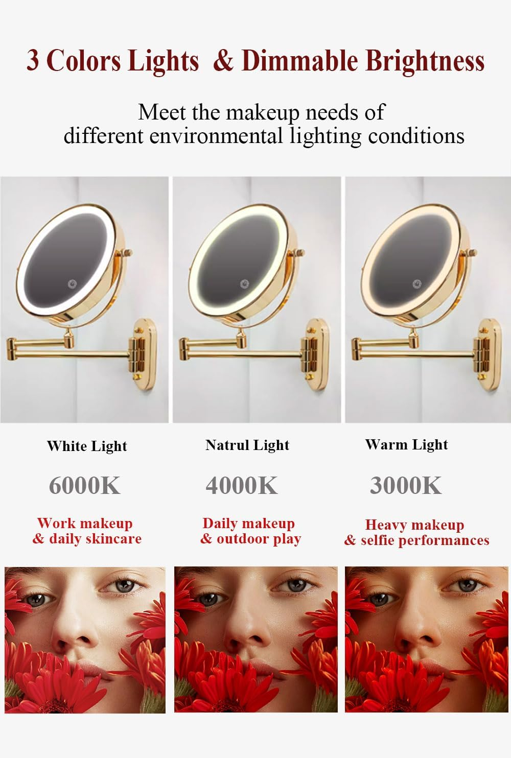 9" Magnifying Mirror with LED Lights Bathroom Large Illuminated Wall Mounted Vanity Mirror for Makeup Shaving (With LED Lights,Black 7X Magnification)