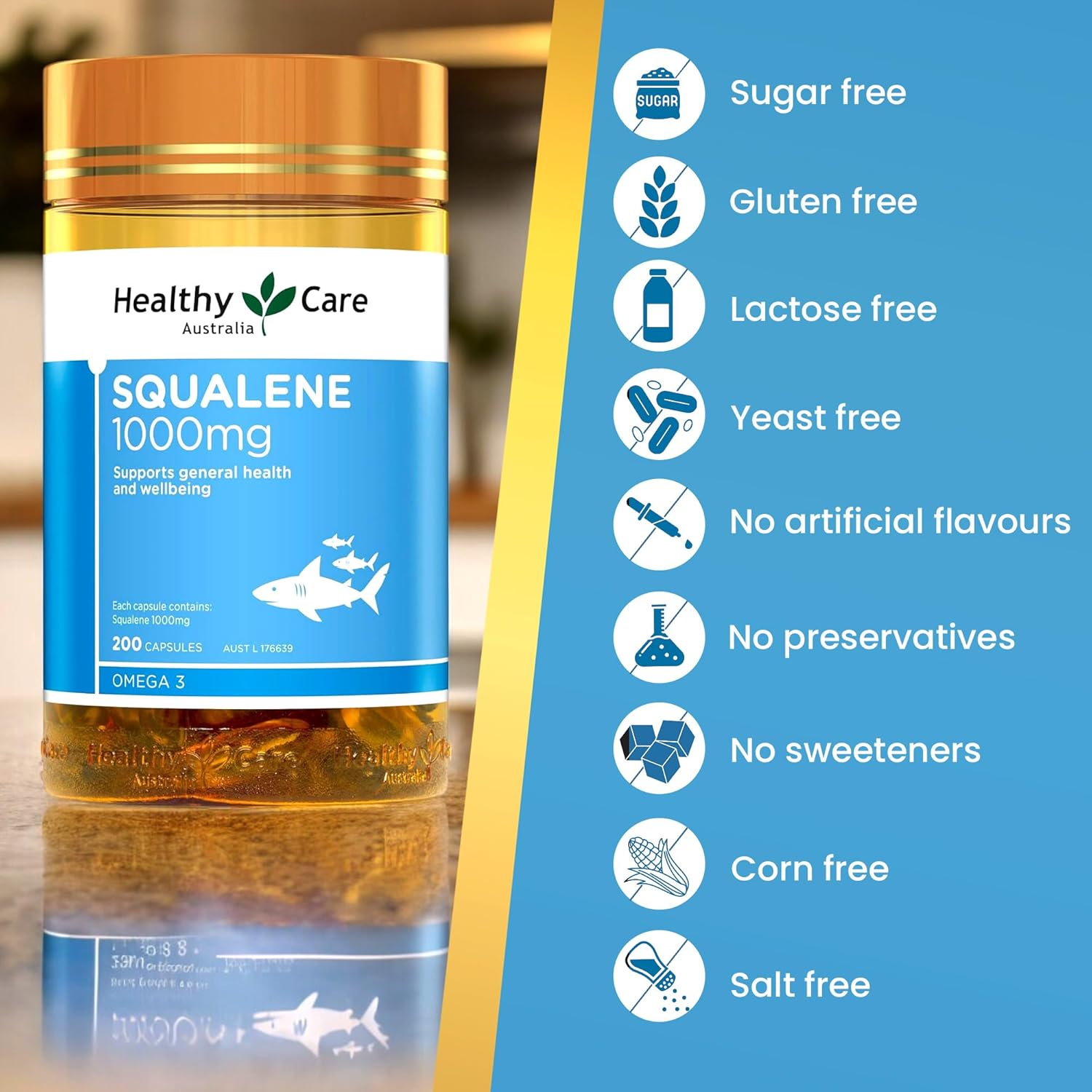 Healthy Care Squalene Capsules - Natural Antioxidant Support for Enhanced Wellbeing - Premium Quality Dietary Supplement - 200 Capsules - 1000 Mg image number 2