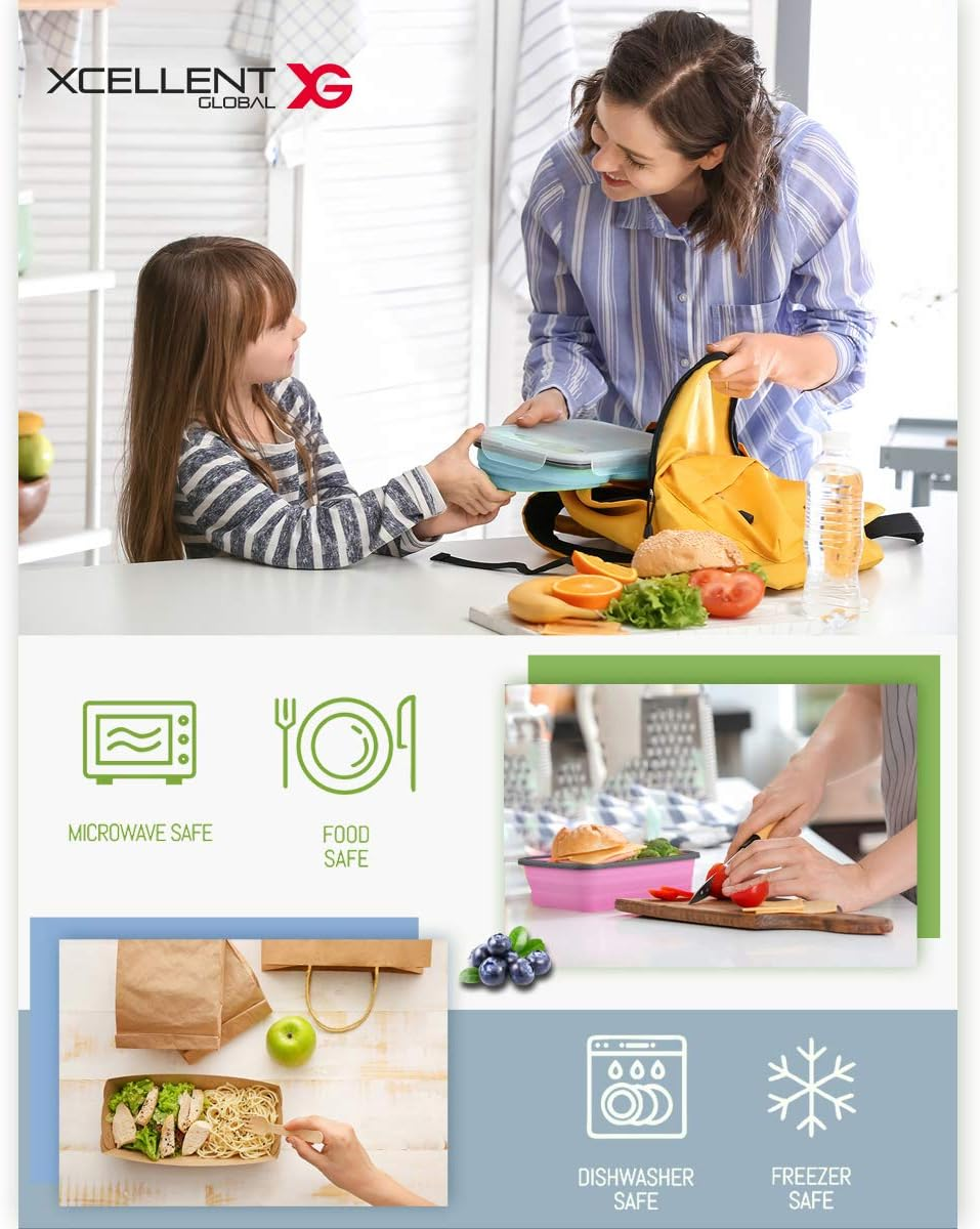 Xcellent Global Collapsible Silicone Food Storage Containers 4 Pack Lunch Bento Box BPA Free for Outdoor Camping, Hiking, Picnic CP012 image number 2
