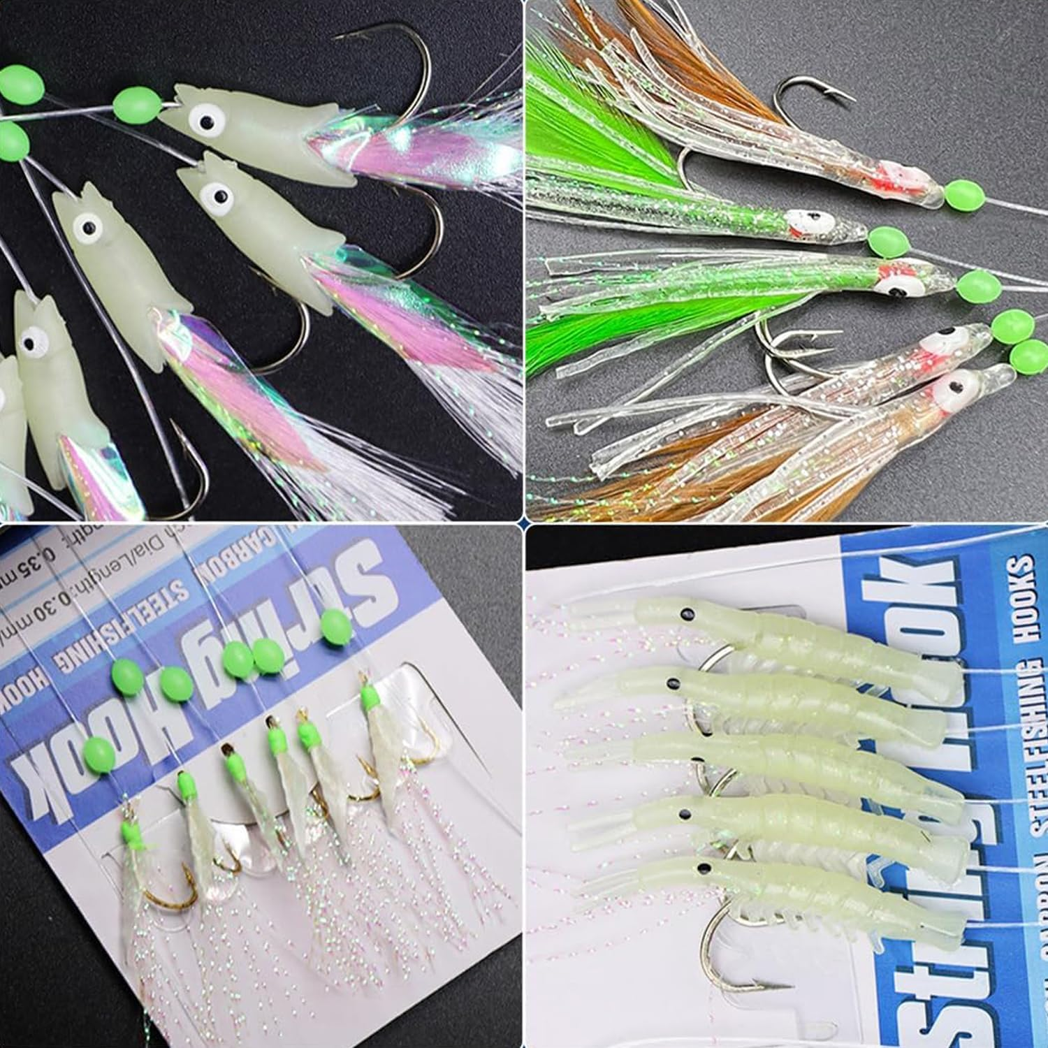 5 Pcs Pre Tied Fishing Hook Set with Bionics Lures Carbon Steel Barbed Hooks for Saltwater Includes Quick Swivels Snaps Glow Beads Flasher Bait Rigs for Fish Bites