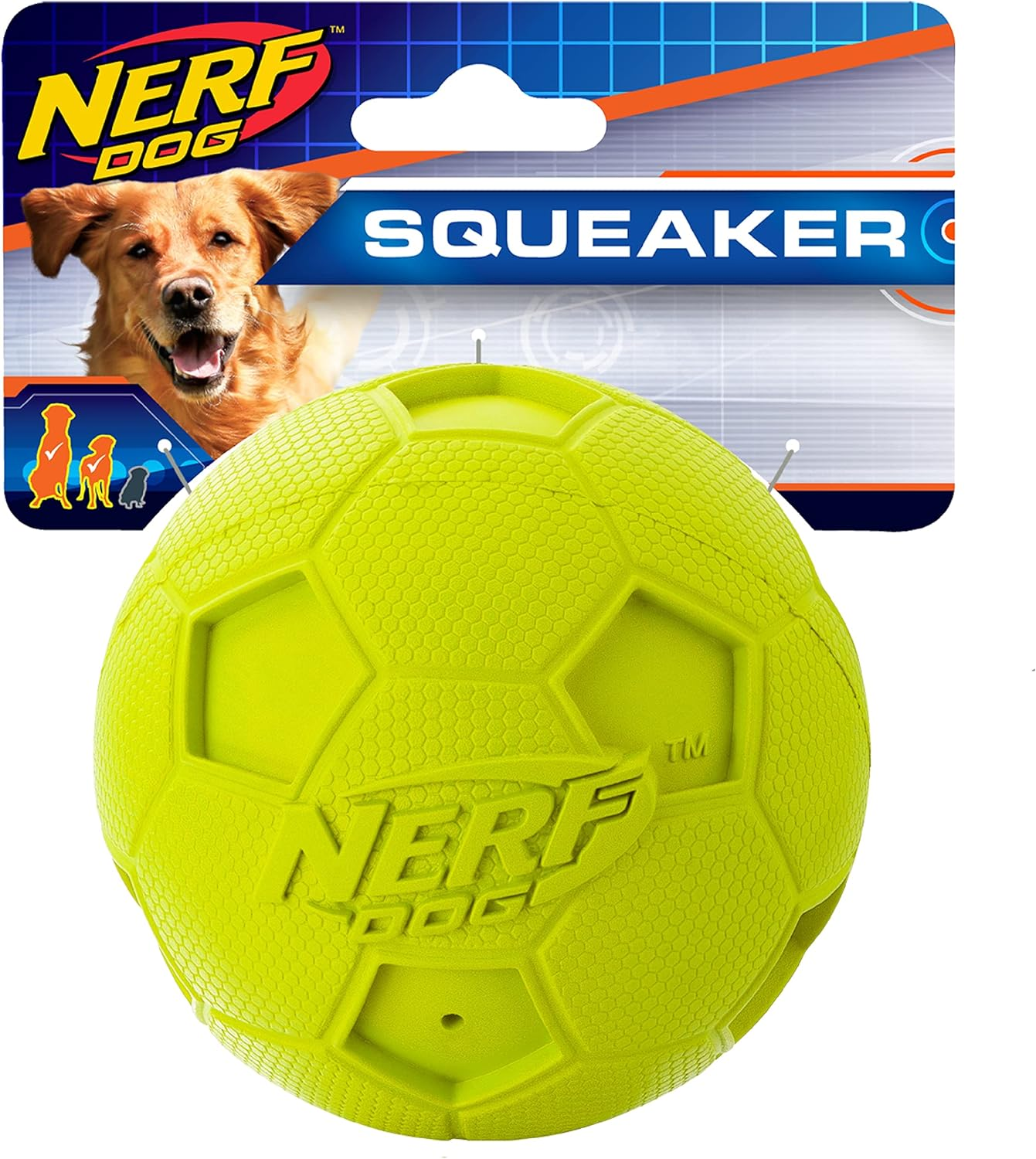Nerf Dog Soccer Ball Dog Toy with Interactive Squeaker, Lightweight, Durable and Water Resistant, 2.5 Inches, for Medium/Large Breeds, Two Pack, Blue and Red