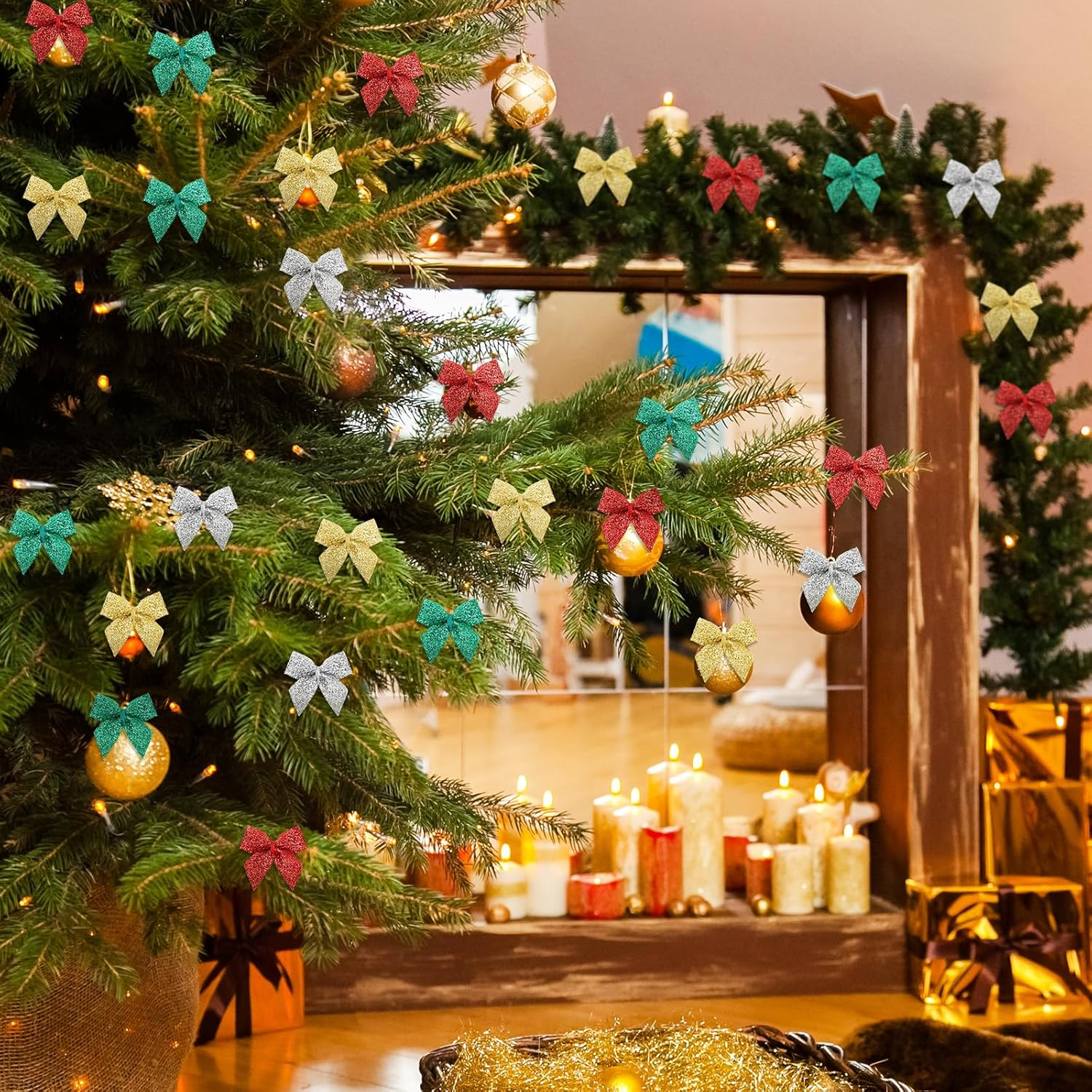 Syhood 150 Pcs Christmas Mini Bow Tiny Twist Tie Handmade Craft Ribbon Hair Small Holiday Bow Craft Supply for DIY Sewing Party Decor(Classic Color, Glitter) image number 1