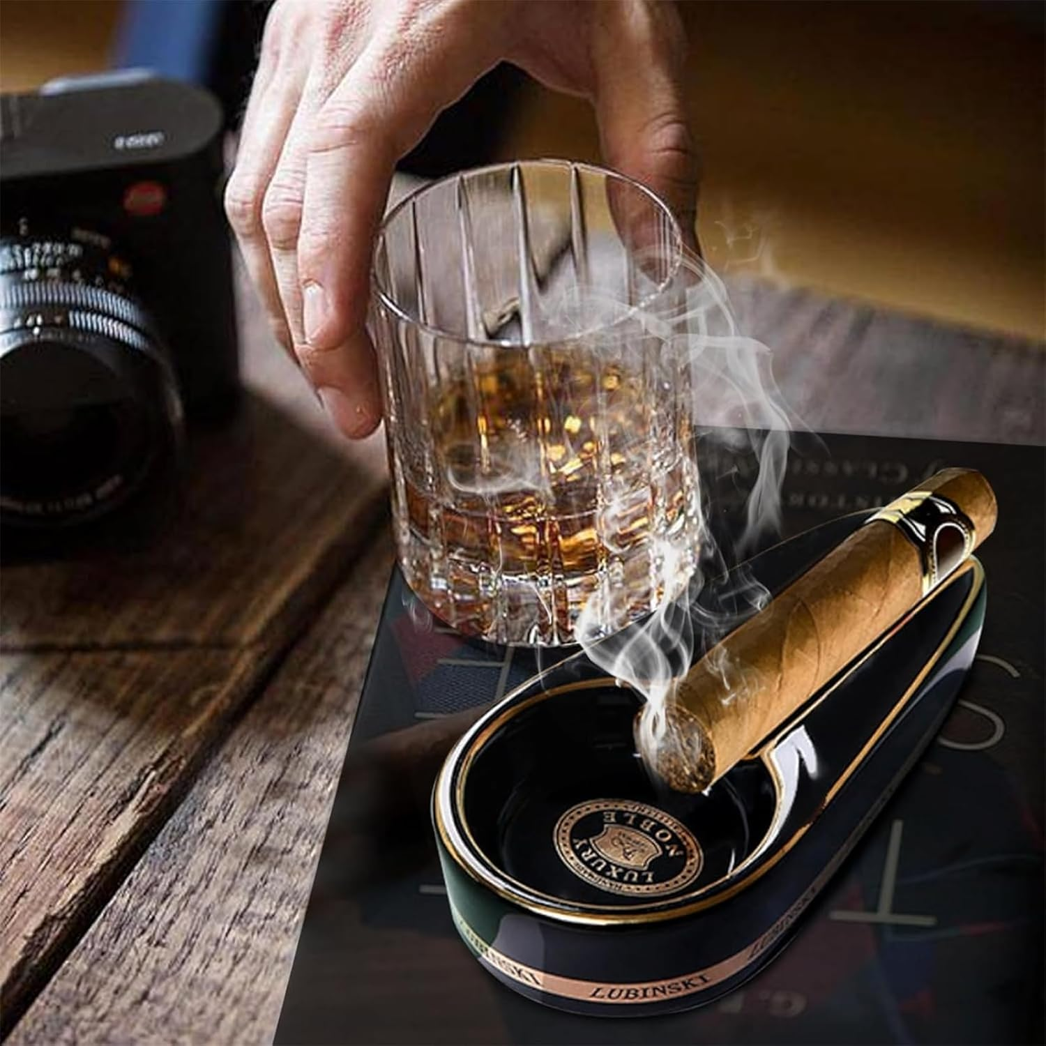 Black Gold Ceramic Cigar Ashtray with Holder, Classic Cigar Gilt Ash Tray for Home Office Patio image number 2
