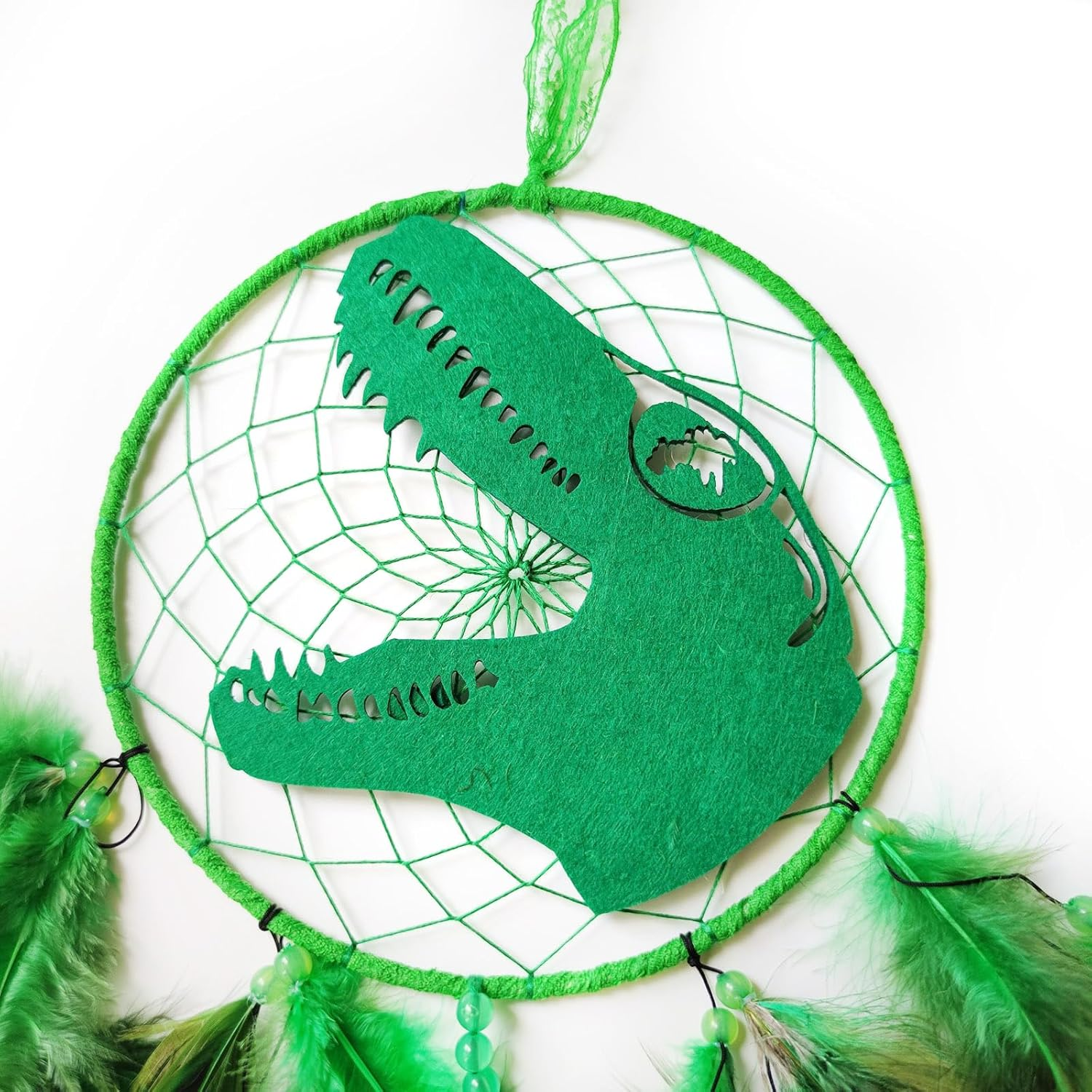 Donko Green Large Dream Catcher Wall Decor Dinosaur Dream Catchers Handmade Feather Dreamcatcher Wall Hanging Ornament for Bedroom Living Room Home Decor image number 5