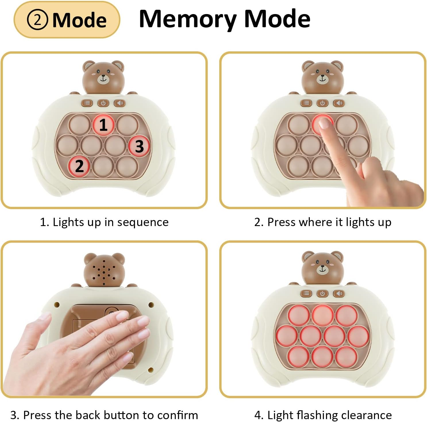 Game Machine,4 Playing Modes Battery Powered Portable,Push Pop Sensory Toys for Kids Pop Puzzle Game,Electronic Handheld Light-Uptoy for Teenagers Adults Stress Relief (Bear) image number 5