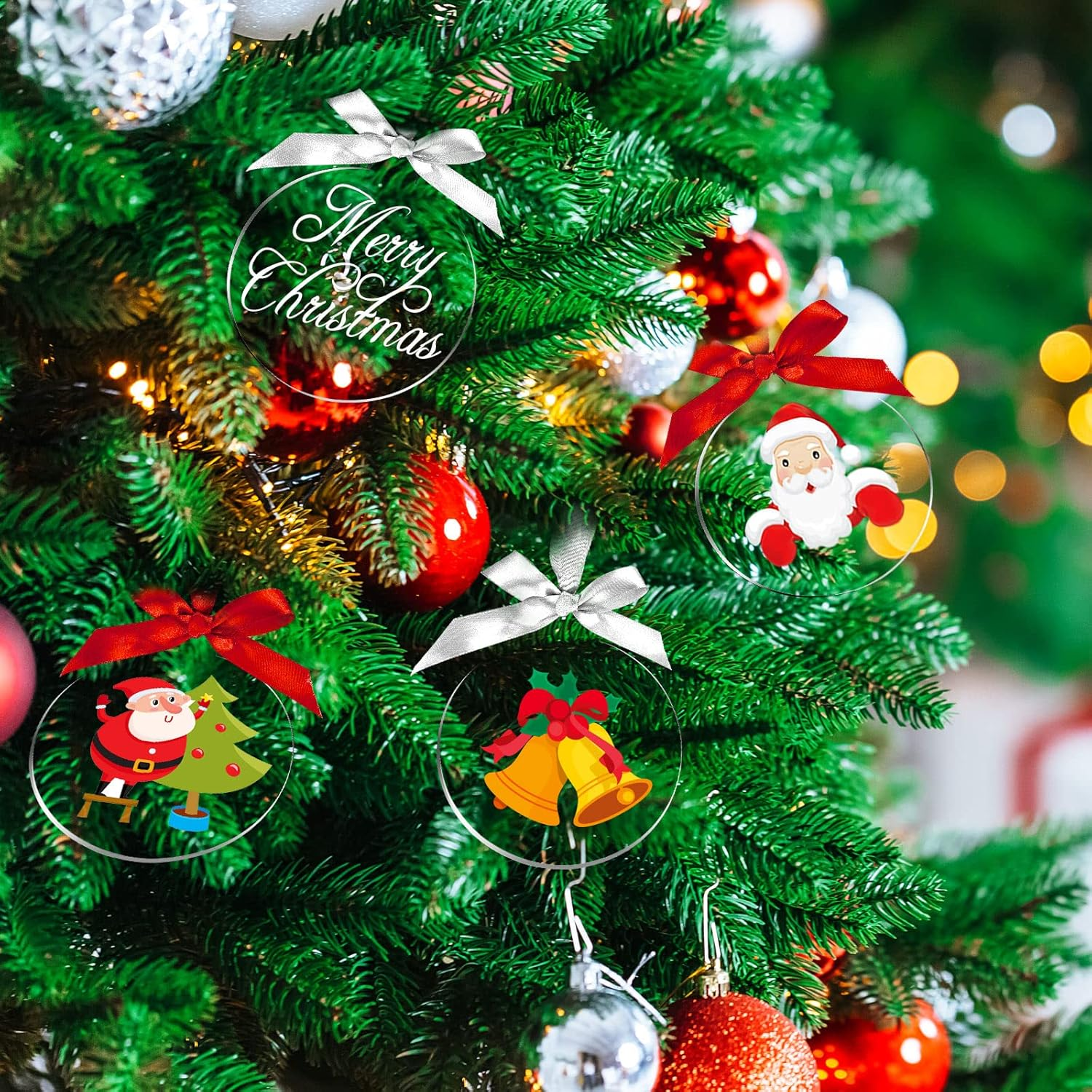 48 Pieces Clear round Acrylic Blanks Bulk Christmas Tree Ornament 3 Inch Acrylic Discs Ornament with Ribbons for DIY Craft Hanging Tag image number 3