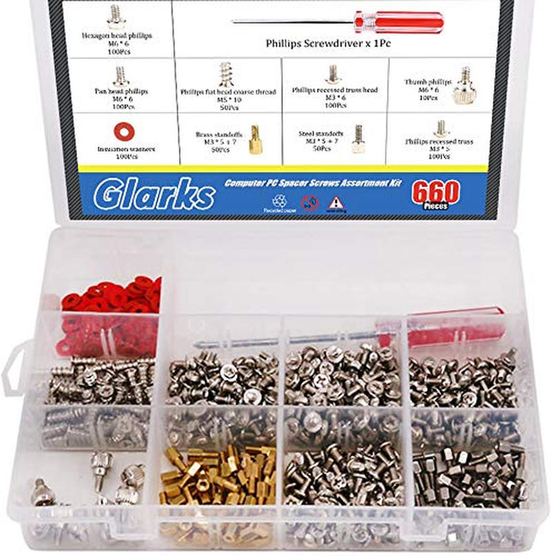 Glarks 660-Pieces Phillips Head Computer PC Spacer Screws Assortment Kit for Hard Drive Computer Case Motherboard Fan Power Graphics (Extra: Phillips Screwdriver) image number 1