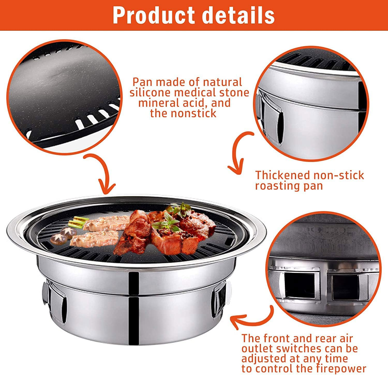 Multifunctional Charcoal Barbecue Grill, Portable Household Korean Grill, Smoker Grill Non-Stick round Carbon Barbecue Grill Camping Grill Stove for Outdoor, Indoor and Picnic image number 4