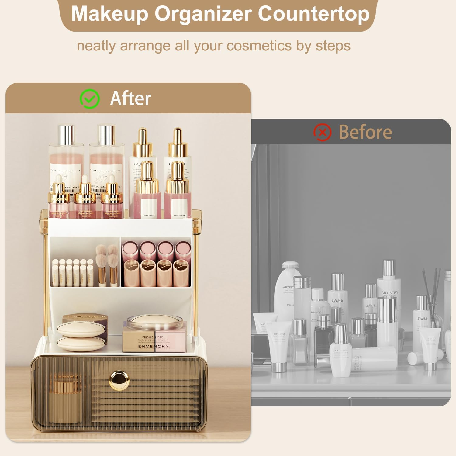 Makeup Organizer Countertop 2-Tier 1-Drawer Cosmetics Organiser Skincare Makeup Organiser Shelf Brush Holder Vanity Organiser (Amber) image number 5