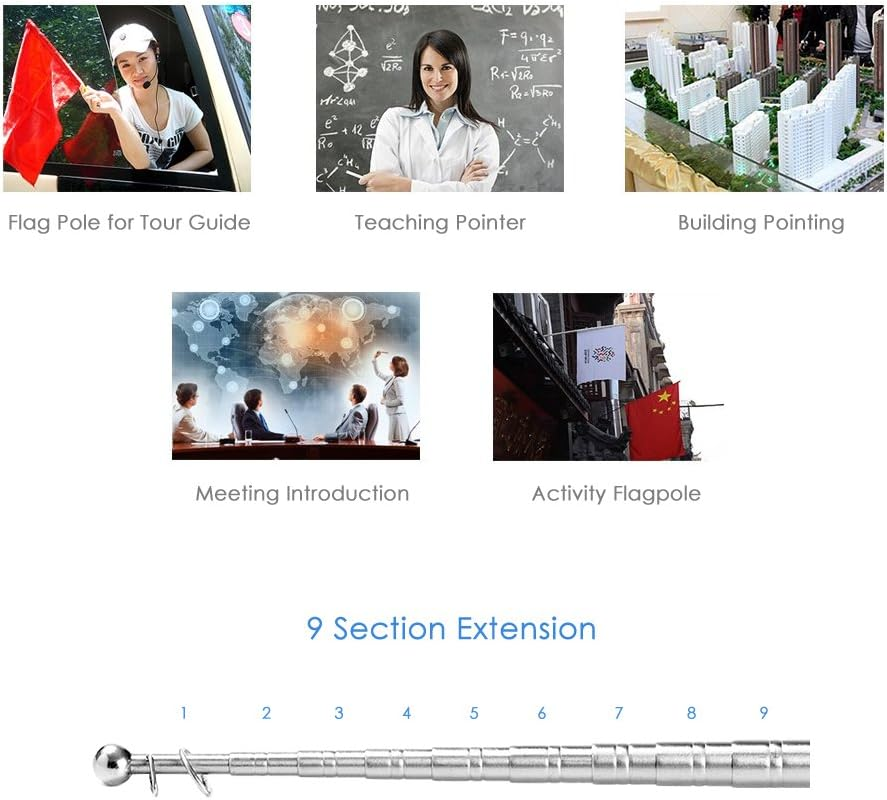 ASHDEL 2 Meters Outdoor Stainless Steel Telescopic Flagpole for Teachers' Flagpole Teaching Pointer Tour Guide Banner 79" Flagstaff image number 6