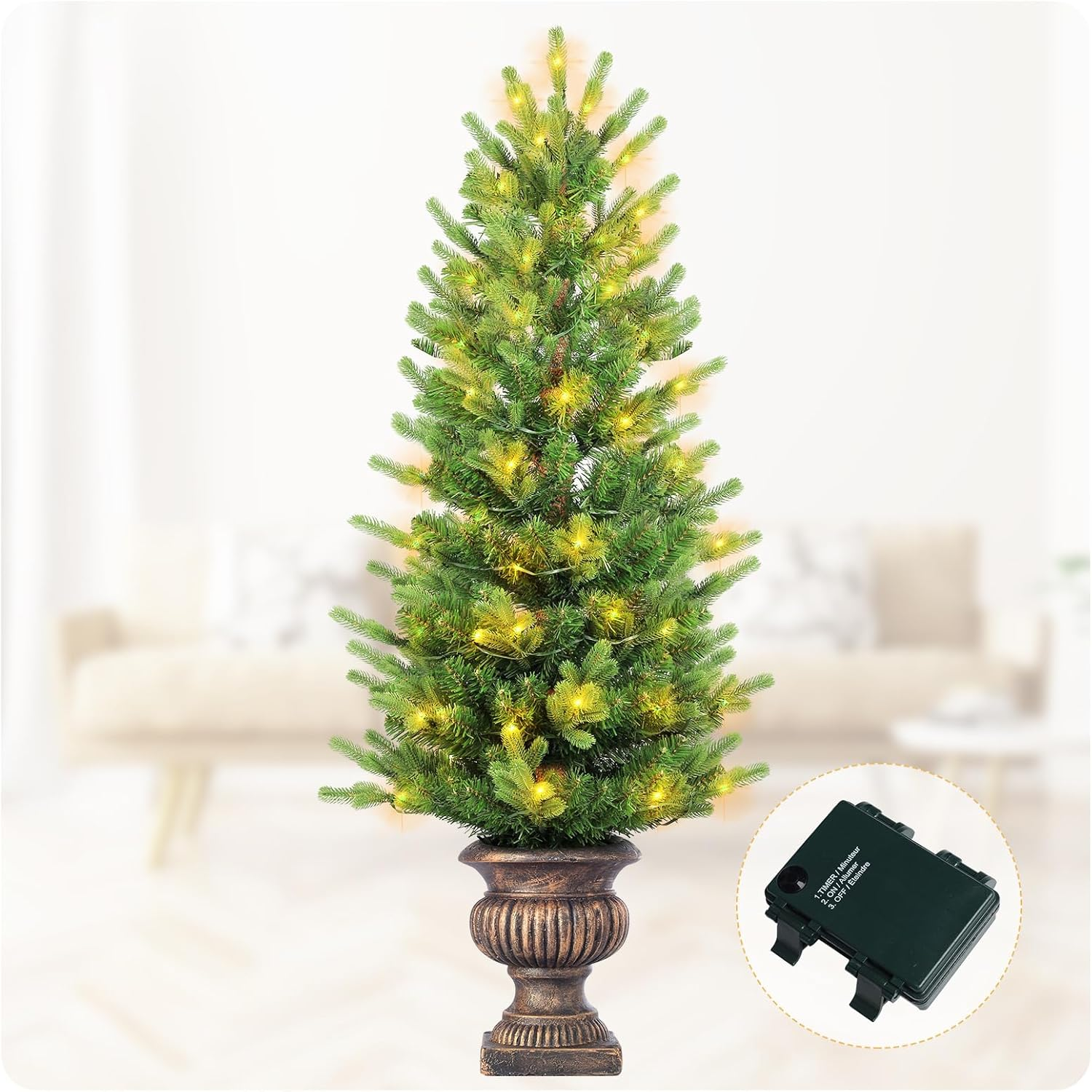 Outdoor Christmas Trees for Porch Entrances,Green Pine Branches and 100 LED Lights Pre-Lit Potted Artificial Christmas Tree for Front Door - 4Ft（Battery Box）