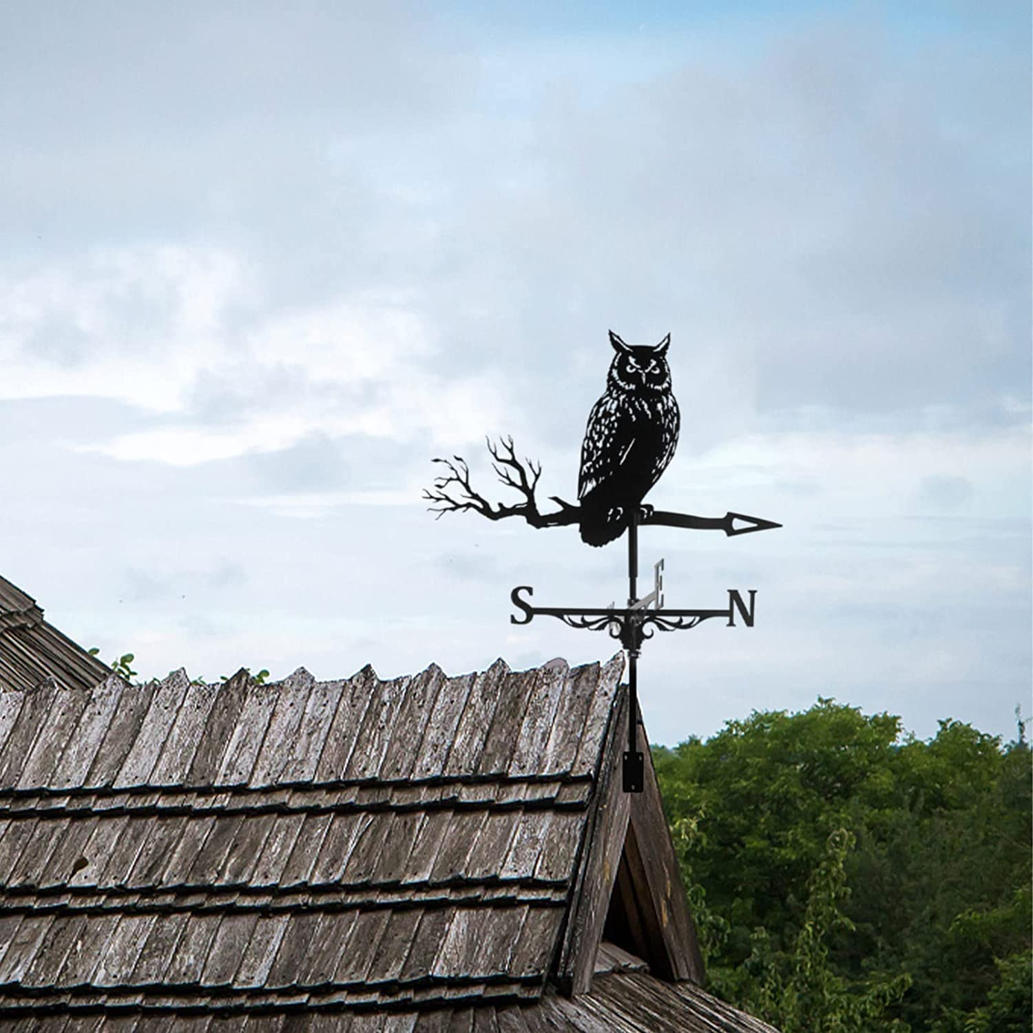 3D Animal Metal Weather Vane, Wind Direction Indicator, Garden Patio Roof Decoration (Owl) image number 5