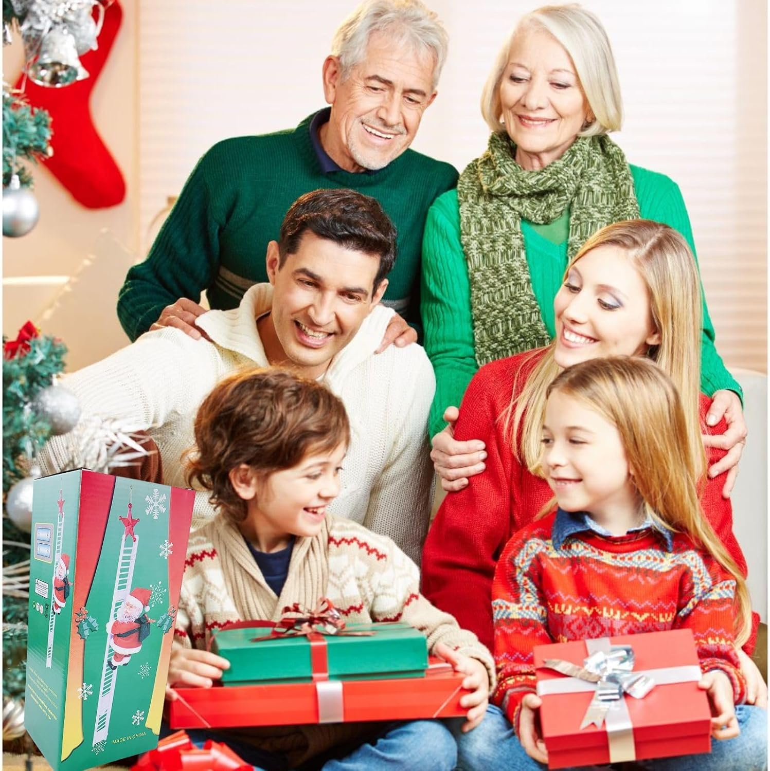 Electric Santa Climbing Ladder to Tree, Climbing up and down Santa Claus on Ladder with Music and Bag of Presents Tree Holiday Party Home Door Wall Decoration Xmas Ornament image number 6