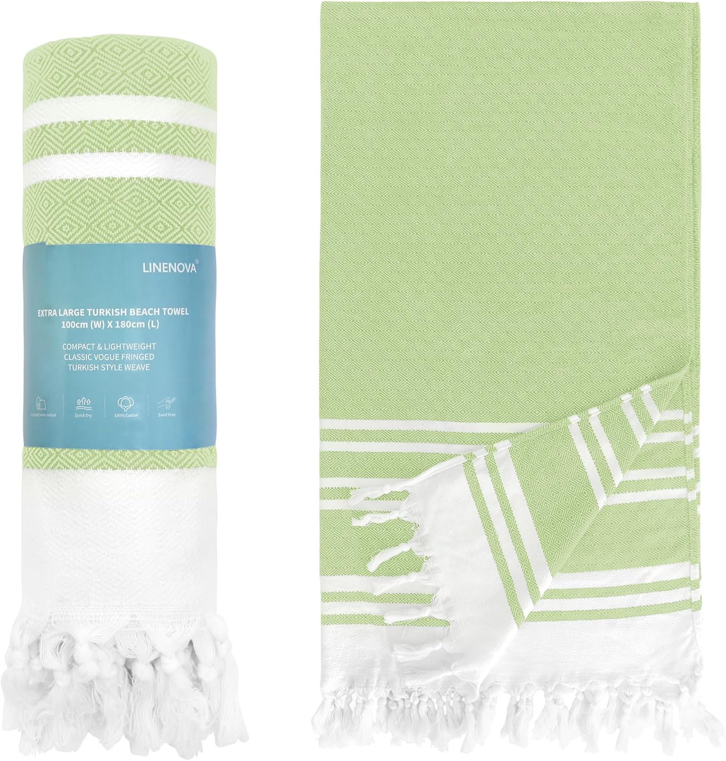 LINENOVA 100% Cotton Turkish Beach Towel 180&times;100Cm, Oversized Absorbent Towels, Sand-Free, Quick Dry & Lightweight Pool Towel for Swimming, Travel, Holiday &ndash; Blue