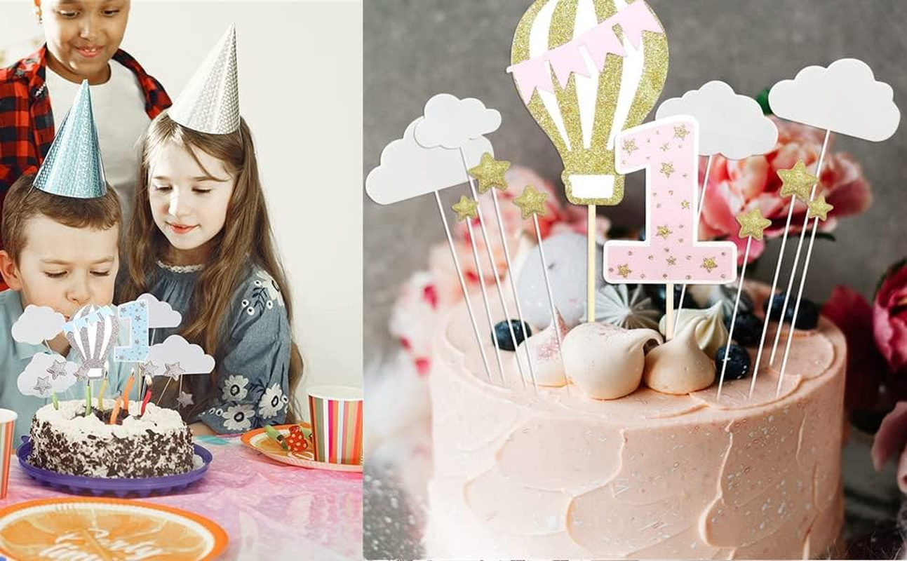 12 Pack Hot Air Balloon Cake Topper with White Cloud Little Stars for Boys First Birthday Party Decorations (Pink) image number 2