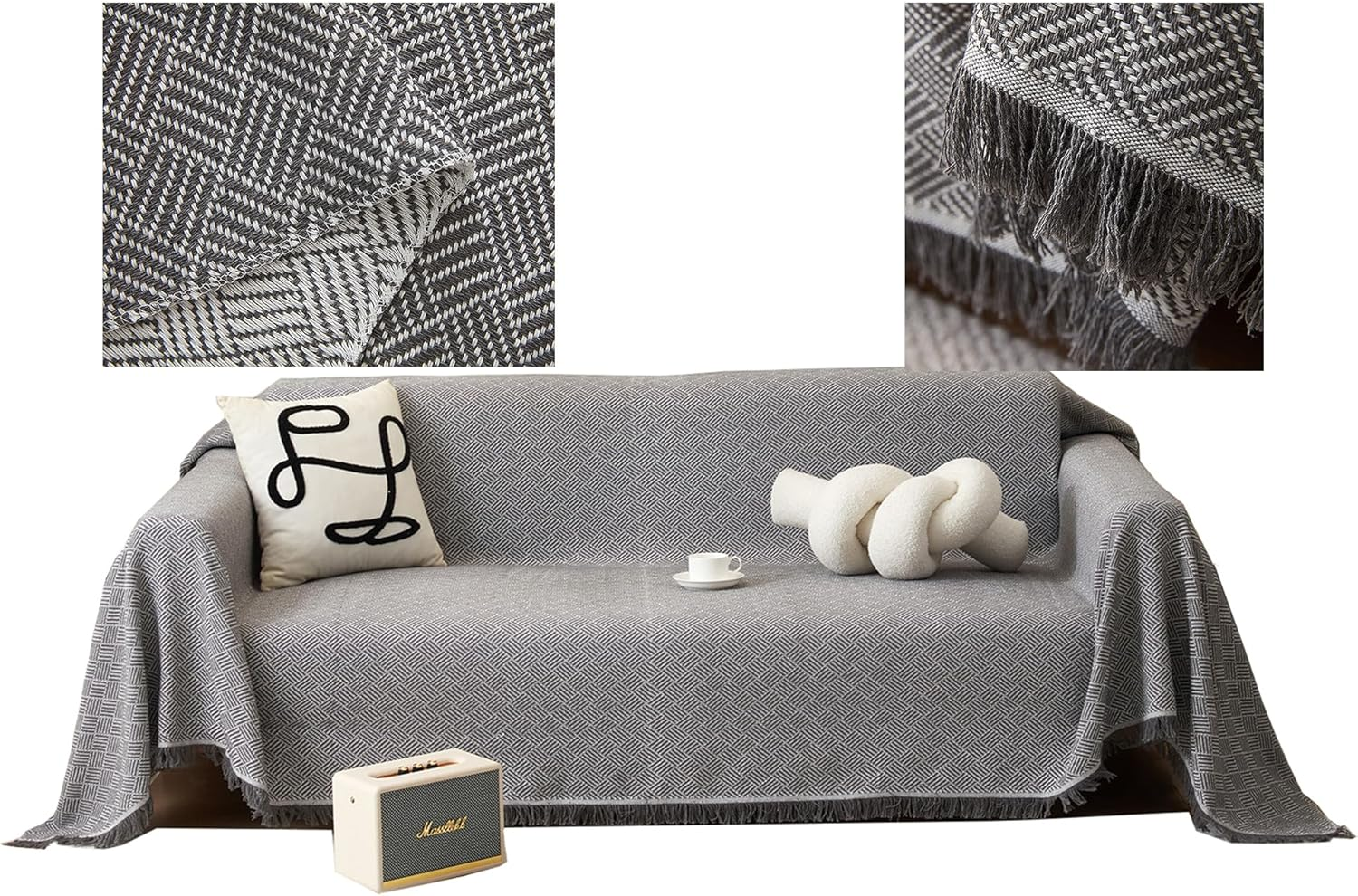 Sofa Cover Blanket, L Shape Sectional Couch Covers Protector (NOT for Dog Cat Pet) Weaved (Grey, 180X380Cm/71X150) image number 5