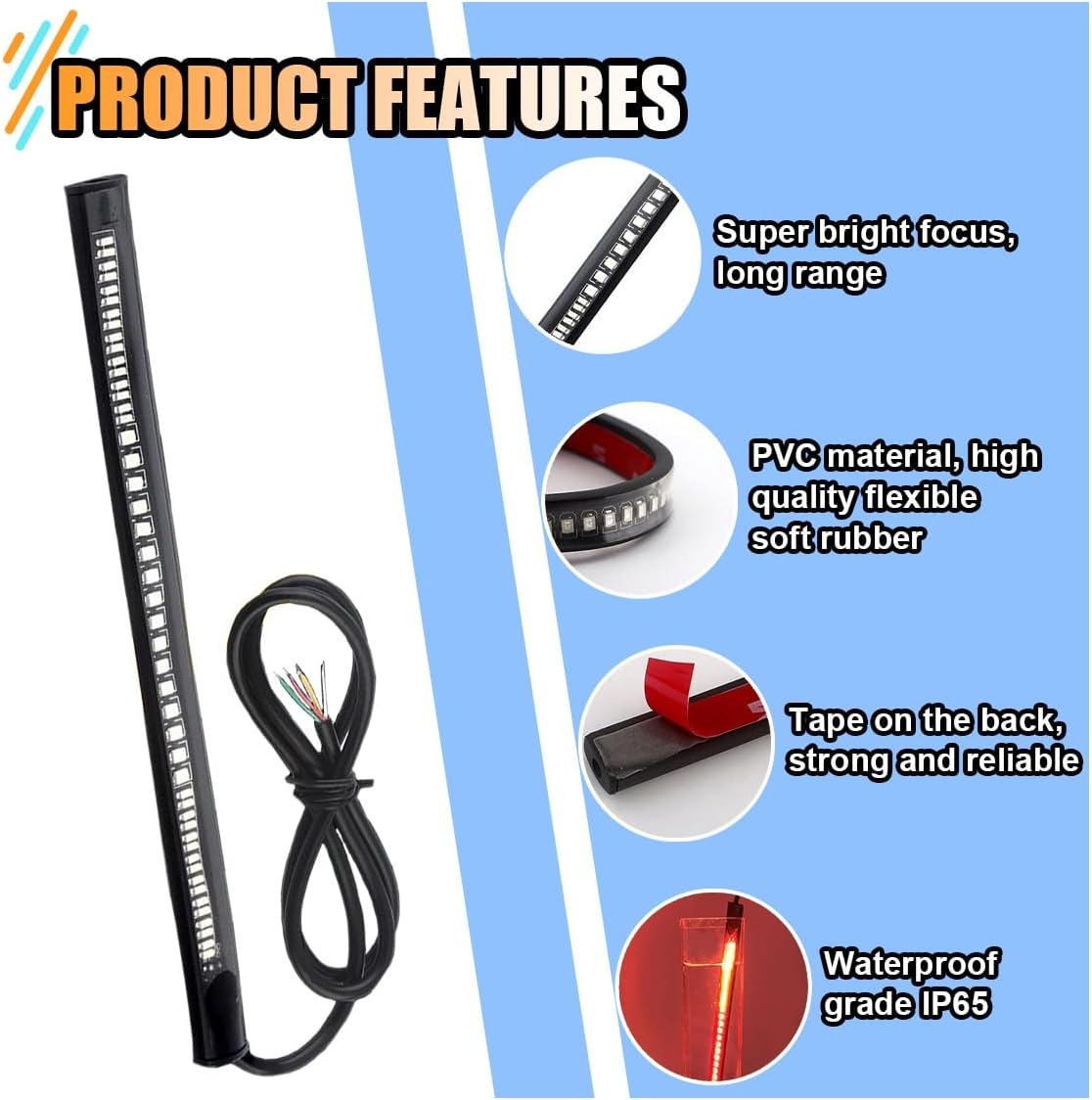 Universal 8" Flexible LED Light Strip Bar with Tail Brake Stop Turn Signals Lights, Waterproof LED License Plate Tail Light Bar for Motorcycle Scooter Quad Cruiser off Road image number 1