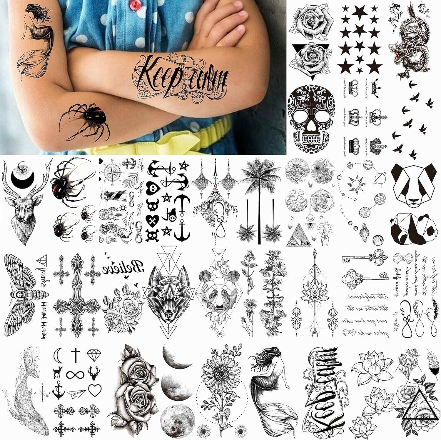 66 Sheets 3D Small Black Temporary Tattoos for Women Men Waterproof Fake Tattoo Stickers for Face Neck Arm Children Flower Birds Star Realistic Tatoo Kits for Boy Girls Adults image number 1