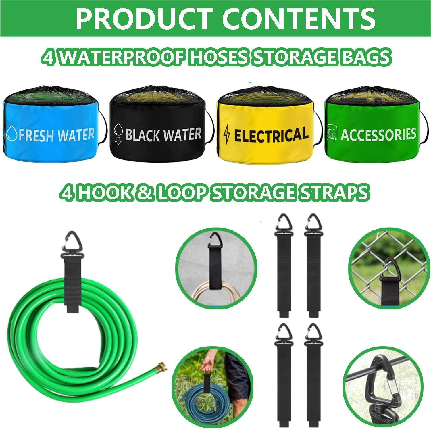 4 Pack Waterproof RV Hose Storage Bag with Identification Tags for RV Storage and Organization,4 Colors for Sewer Hoses, Fresh Water Hoses, Electrical Cords, Camper Tools Accessories image number 2