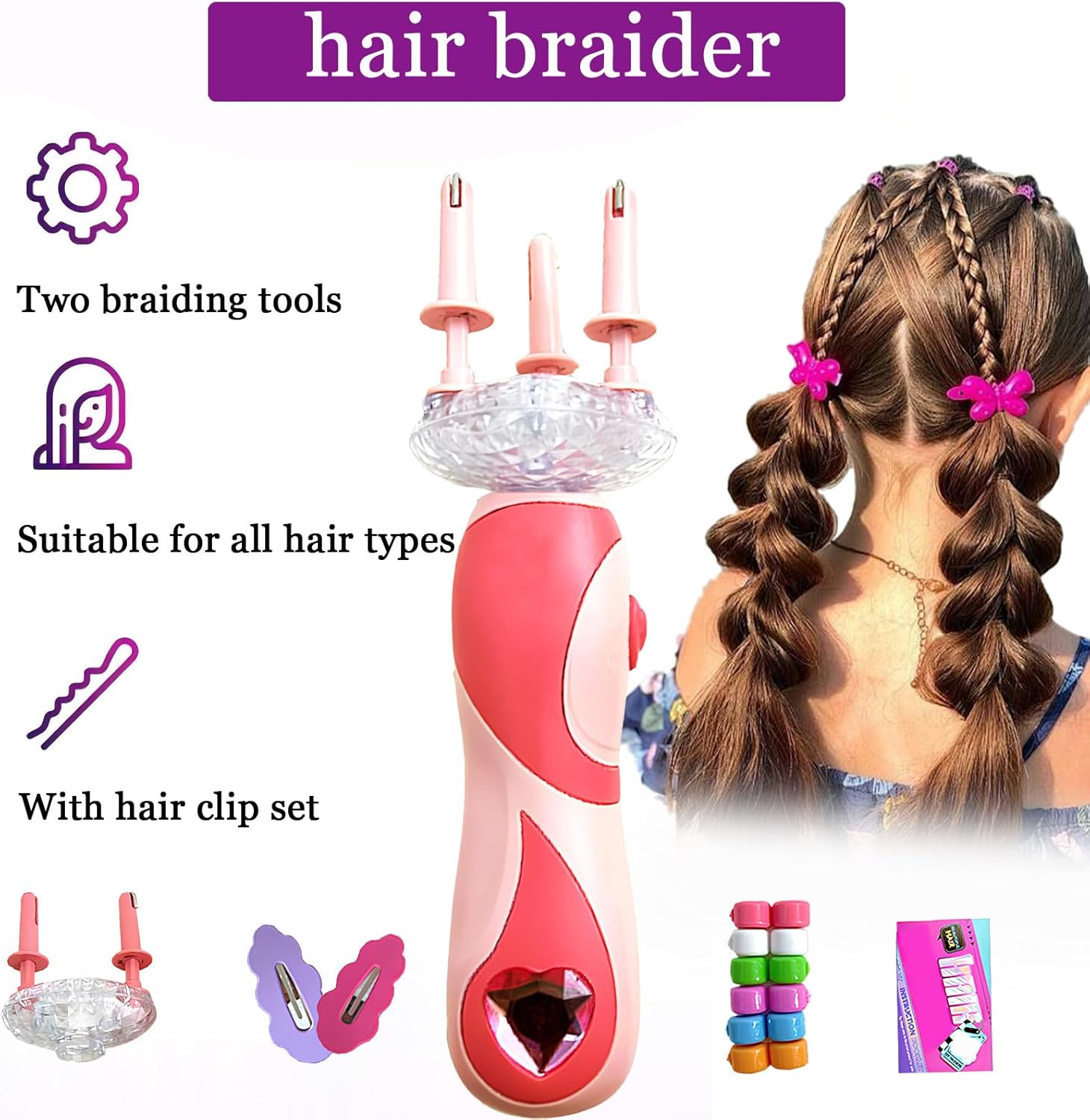 Hair Braiding Machine, Children'S Hair Braiding, Automatic Hair Braider, Girls Hair Styling Tool with 2 Hair Clips, 6 Hair Braiders, DIY Girls Hair Styling Tool, for Girls from 3 Years image number 5