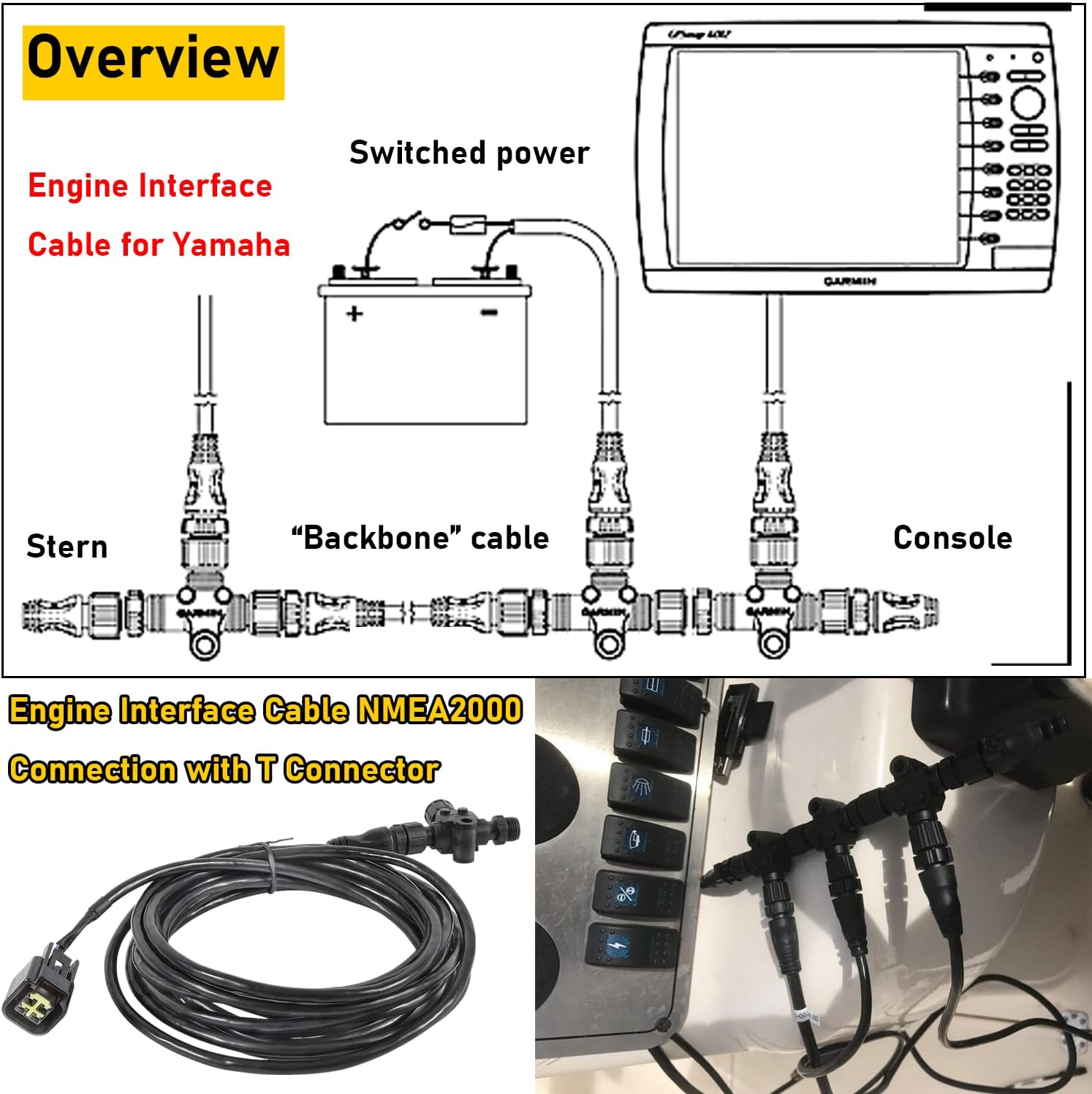 For Yamaha Engine Interface Cable NMEA2000 Connection with T Connector for Yamaha 2006 & Newer, Replace # 000-0120-37, 3004.6865-4.5 M (15 Ft) image number 5