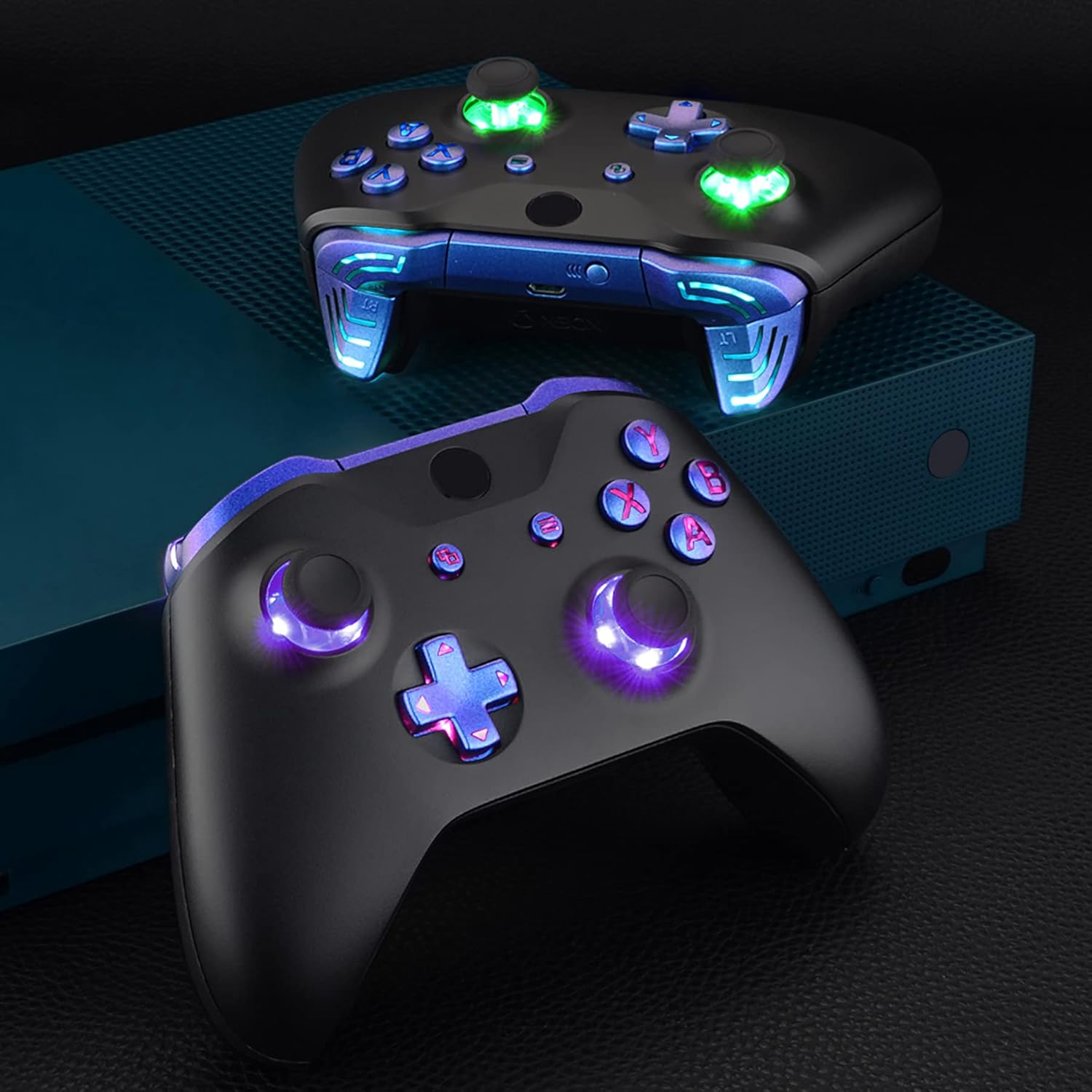 Extremerate Multi-Colors Luminated Bumpers Triggers Dpad Thumbsticks Start Back ABXY Action Buttons, Chameleon Purple Blue Classical Symbols Buttons DTFS (DTF 2.0) LED Kit for Xbox One S/X Controller - Chrome Gold image number 3