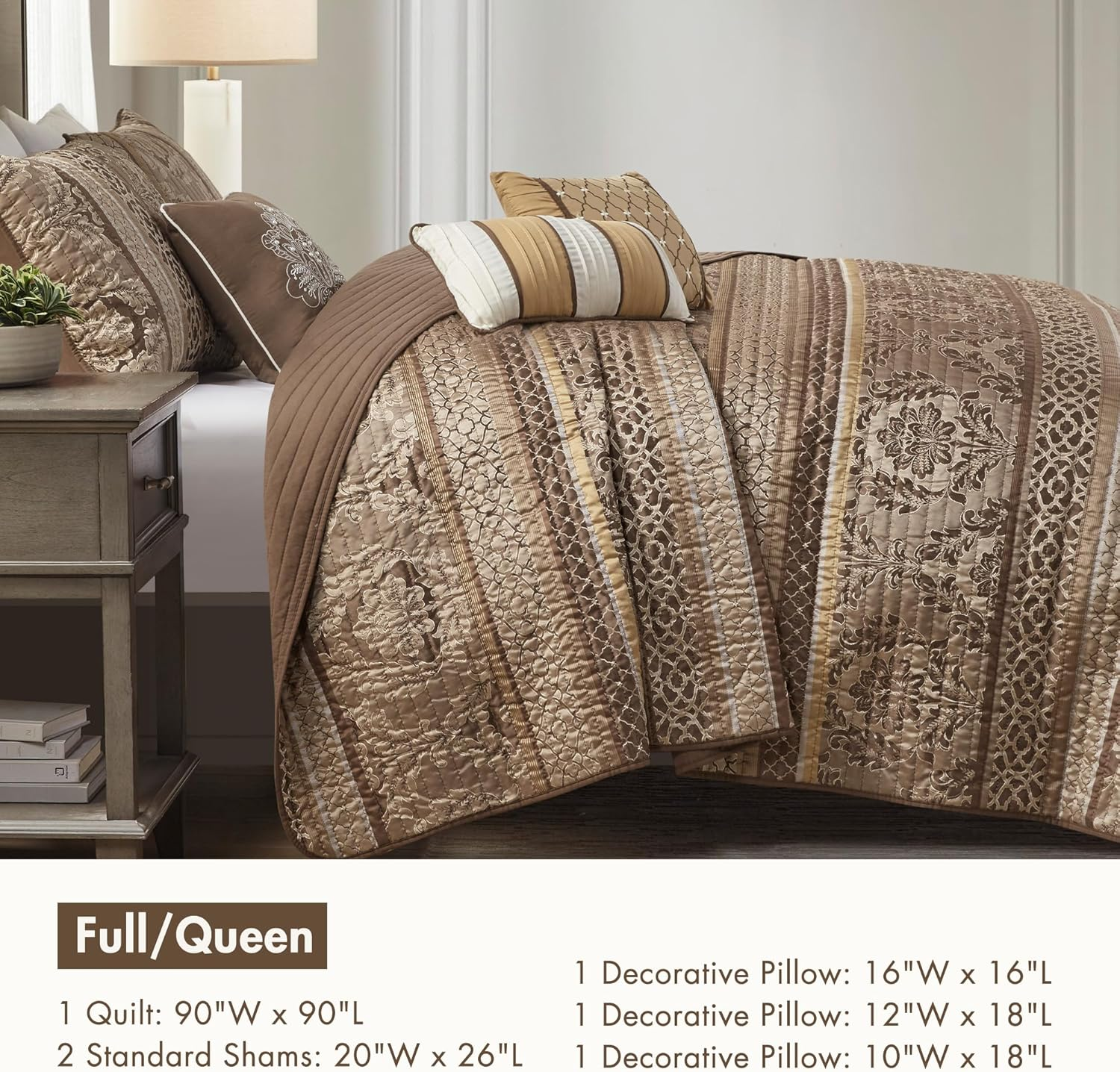 Madison Park Bellagio 6 Piece Quilted Coverlet Set, Full/Queen, Brown/Gold