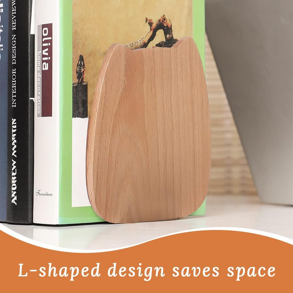 Wood Book Ends,Non-Skid Bookends for Heavy Books, Simple Wooden Desktop Bookshelf,Beechwood Cute Cat Bookends,Suitable for Home, School, Office and Library(1 Pair) image number 4