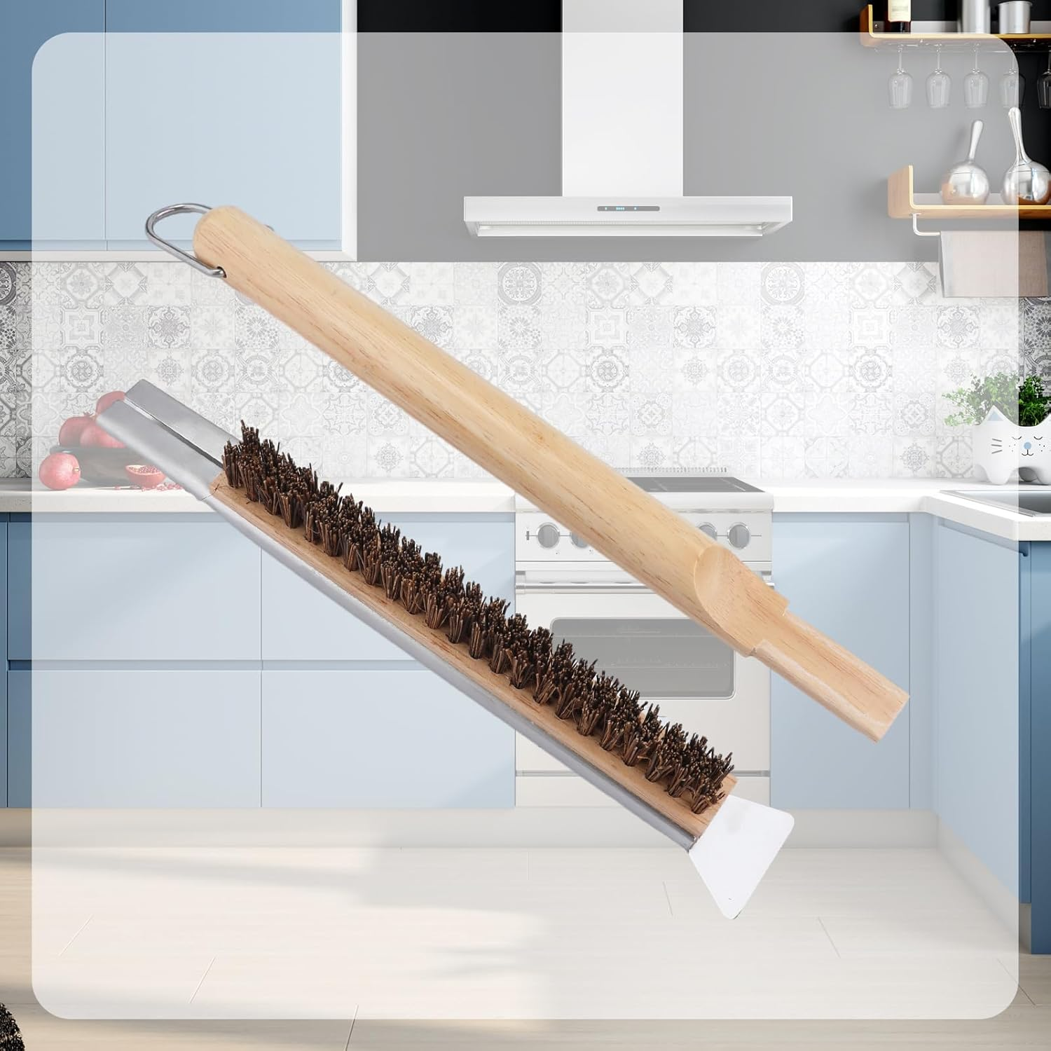 Pizza Oven Brush with Scraper Long Handle, 21.9Inch Long Pizza Oven Brush with Coconut Fibre Bristles for Outdoor Pizza Ovens with Hanging Ring, Easy to Install image number 1