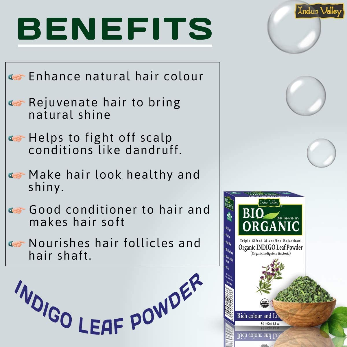 Indus Valley BIO Organic Indigo Leaf Powder for Hair &ndash; 100G (Pack of 2) | Natural Hair Coloring Powder | No Ammonia, No PPD, No Chemicals - Indigo 100G+Brush image number 2