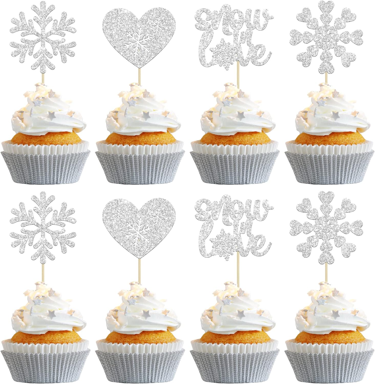 Gyufise 24Pcs Silver Snowflake Cupcake Toppers Glitter Winter Snowflake Miss to Mrs Cake Topper Picks for Winter Wedding Anniversary Decorations Bridal Shower Party Supplies