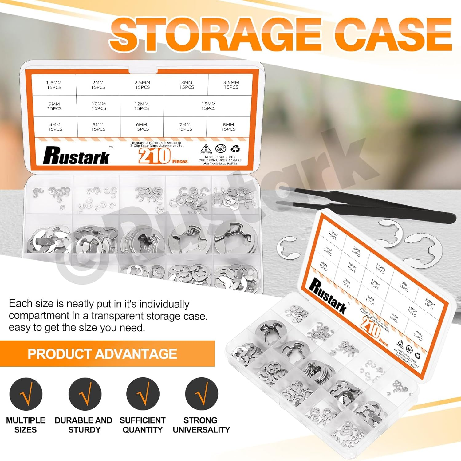211Pcs 14 Sizes 304 Stainless Steel E-Clip External Retaining Rings Assortment Kit, E Clip Circlip Rings E-Clips Retainer Circlip Rings Washers E-Clips Assortment Set for Gears Pulleys Axles image number 4