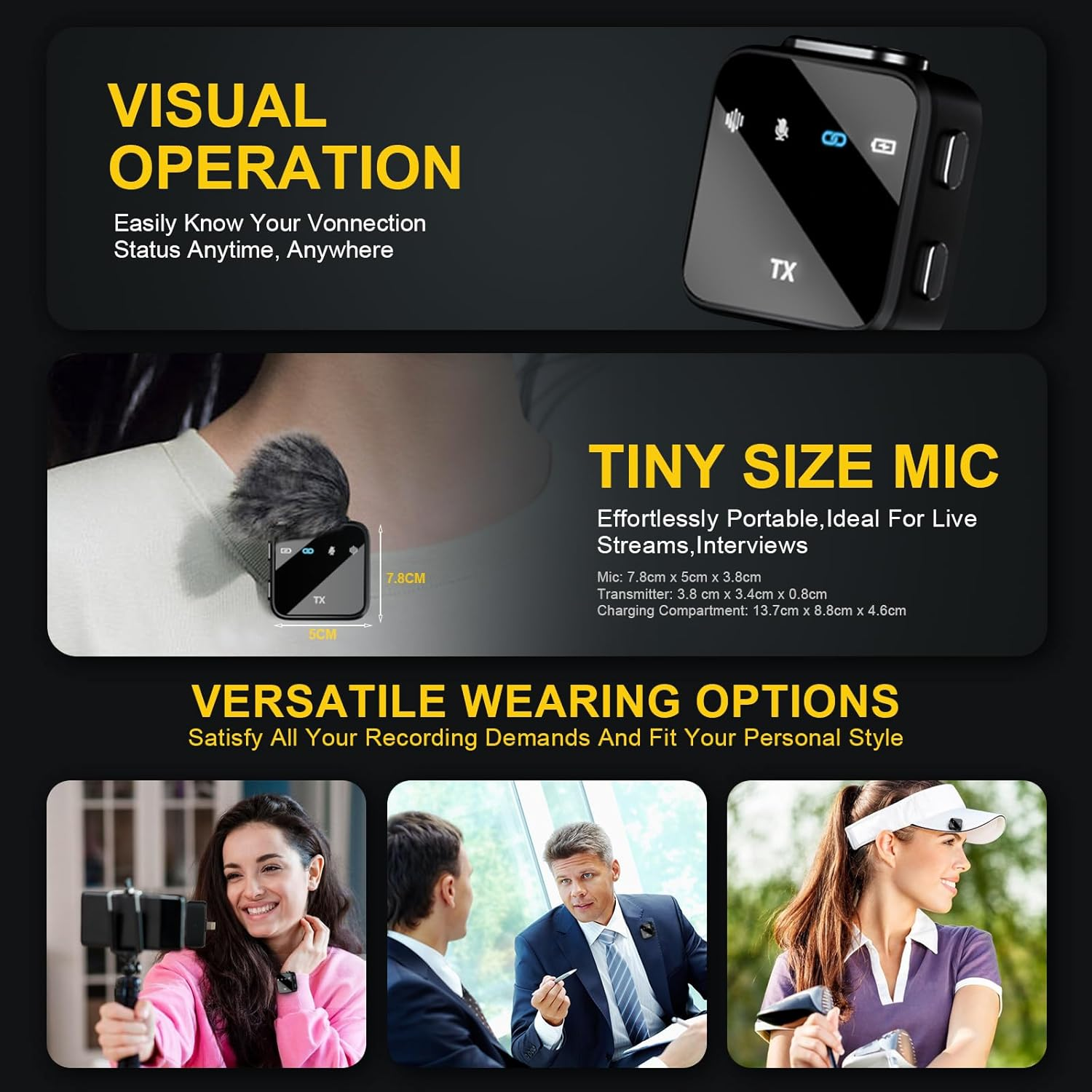 Wireless Lavalier Microphone for Iphone/Android, Magnetic Clip Lapel Microphone with Charging Case, Noise Cancelling Wireless Microphone, 328Ft Range, Mini Condenser Microphone for Stream Vlog Tiktok image number 3