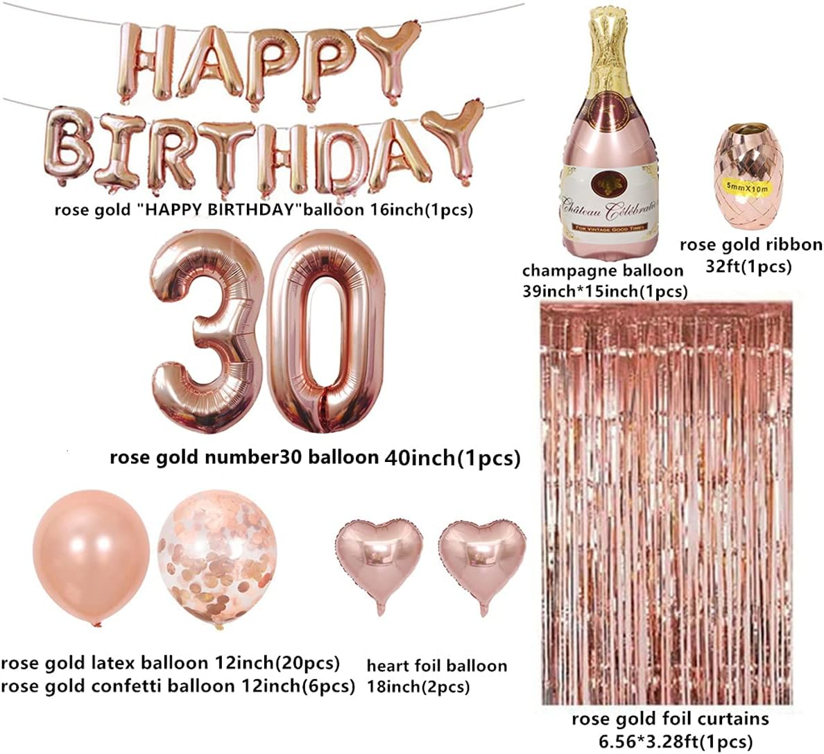 Rose Gold Birthday Decorations for Her , Party Supplies for Women,Decor Balloons Rose Gold (30Th) image number 2