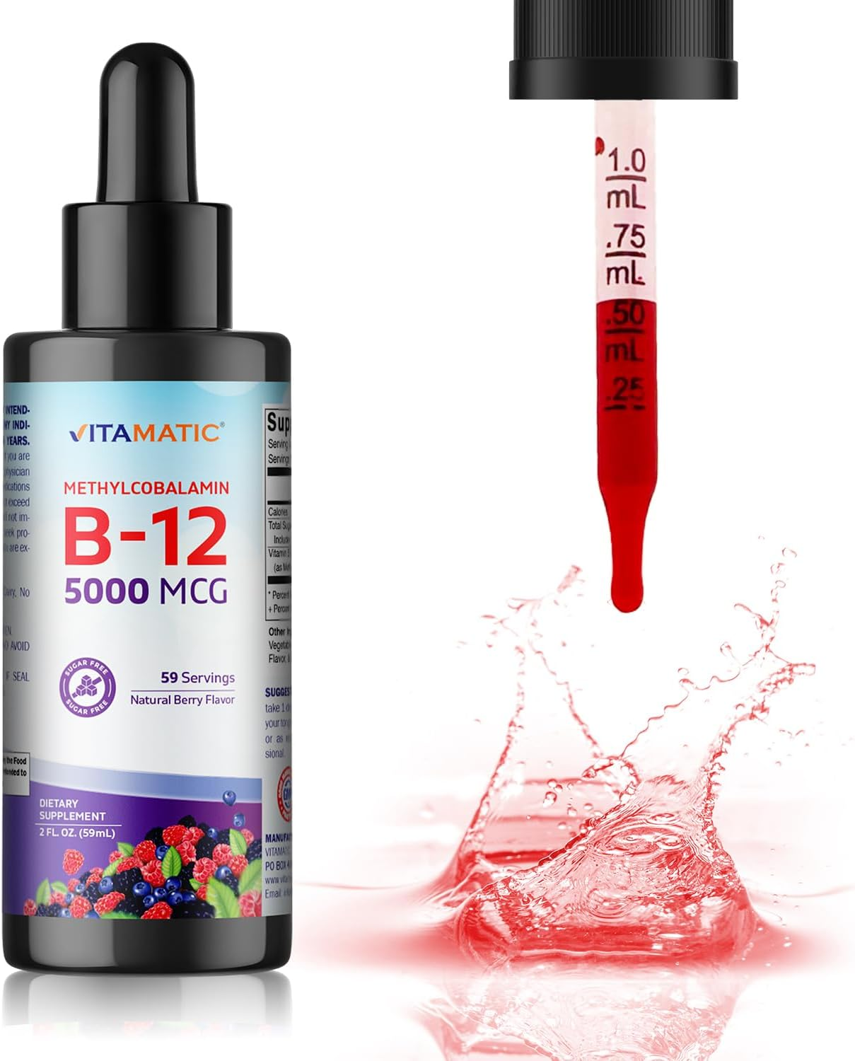 Vitamatic Fast Acting Liquid Vitamin B12 5000 Mcg (Methylcobalamin) - Natural Berry Flavor - Sublingual Supplement - Faster Absorption - 2 OZ image number 3