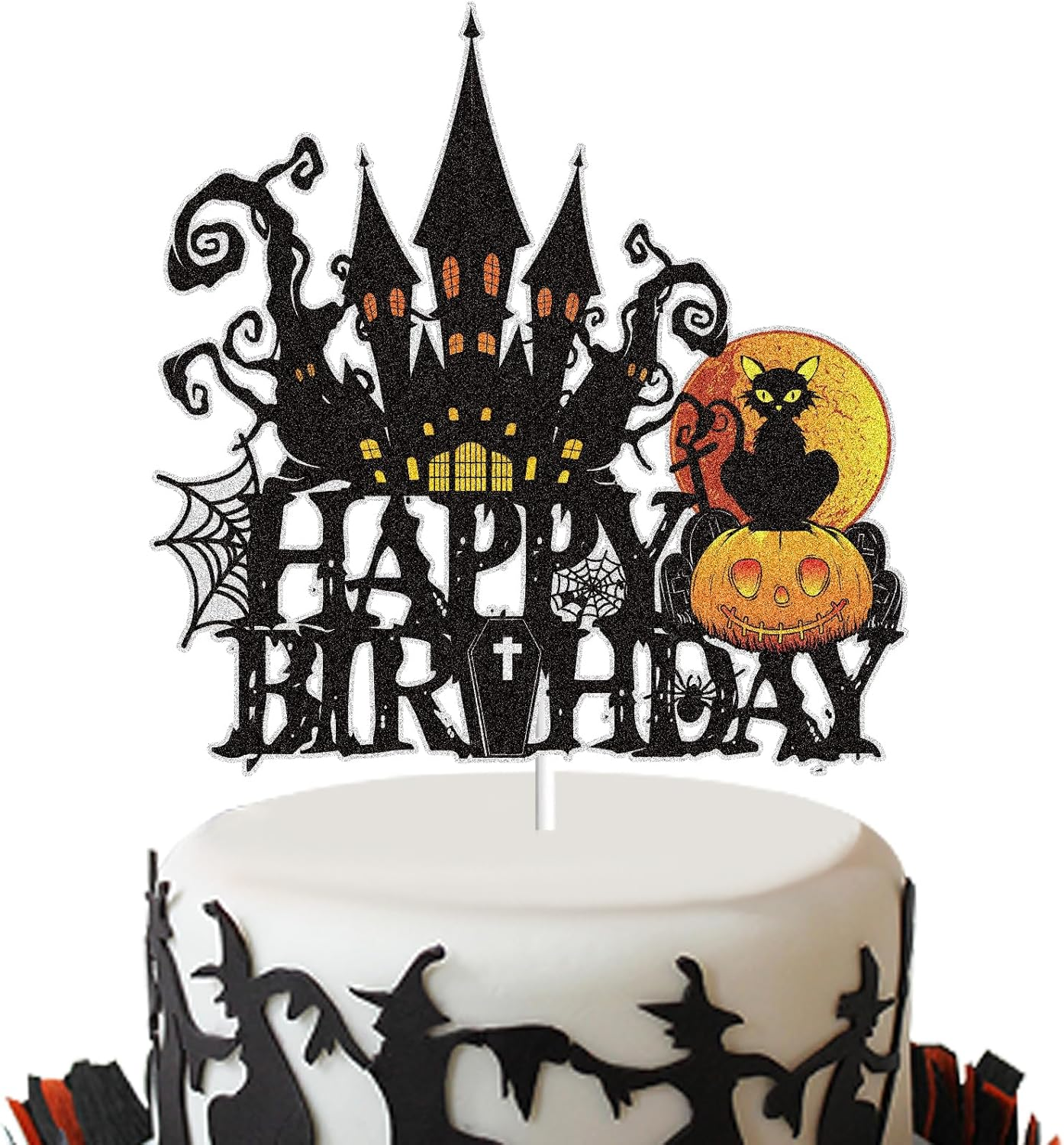 Happy Halloween Cake Topper Halloween Holiday Decorations Black Glitter Ghost House Pumpkin Moon Bat Themed Halloween Party Decoration Supplies