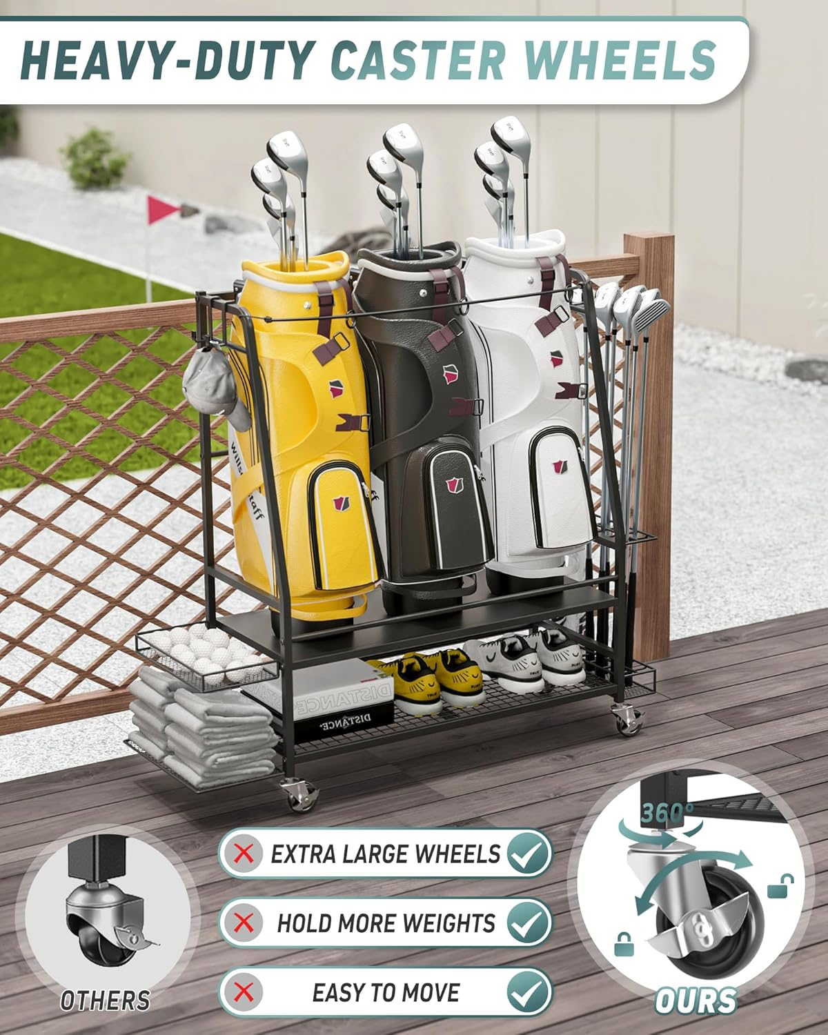 Golf Bag Storage Garage Organizer for 3 Golf Bags - Golf Bag Storage Rack for Garage - Golf Bag Organizer with 2 Side Shelves, Clubs Holder and Wheels - Golf Organizer for Golf Accessories image number 3