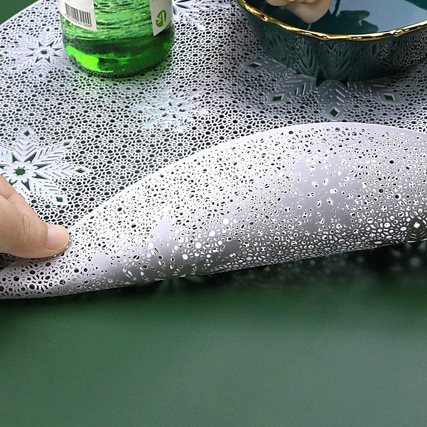 Round Silver Christmas Placemats for Dining Table Mats Set of 4 Wipeable Snowflake Placemats for Kitchen Table Plastic Soft PVC Place Mats Durable Heat Resistant Non-Slip Washable Table Mats 15" image number 1