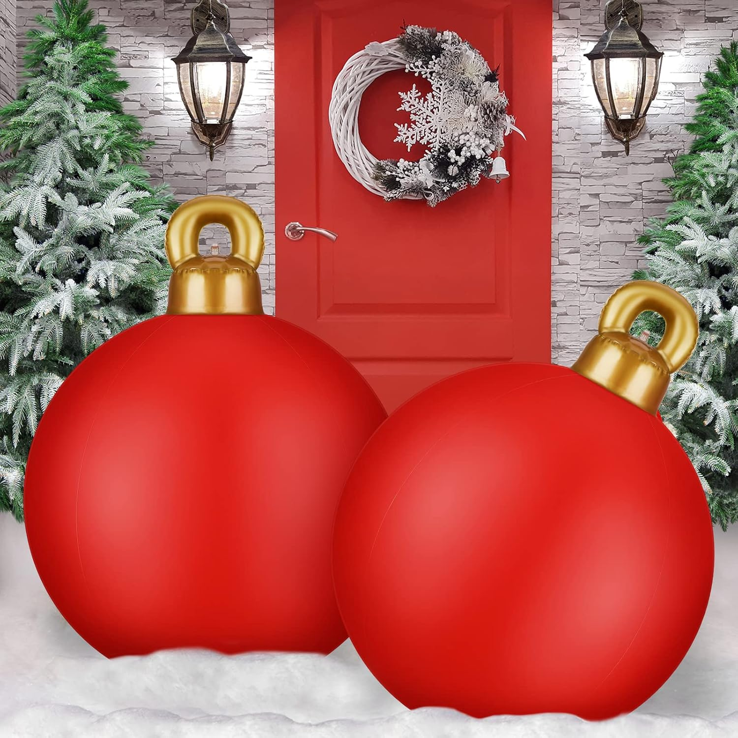 2 Pieces 32 Inch Giant PVC Inflatable Christmas Decorated Ball Ornaments Outdoor Large Xmas Blow Ball Decorations for Christmas Themed Party Ornaments(Solid,Red) image number 4