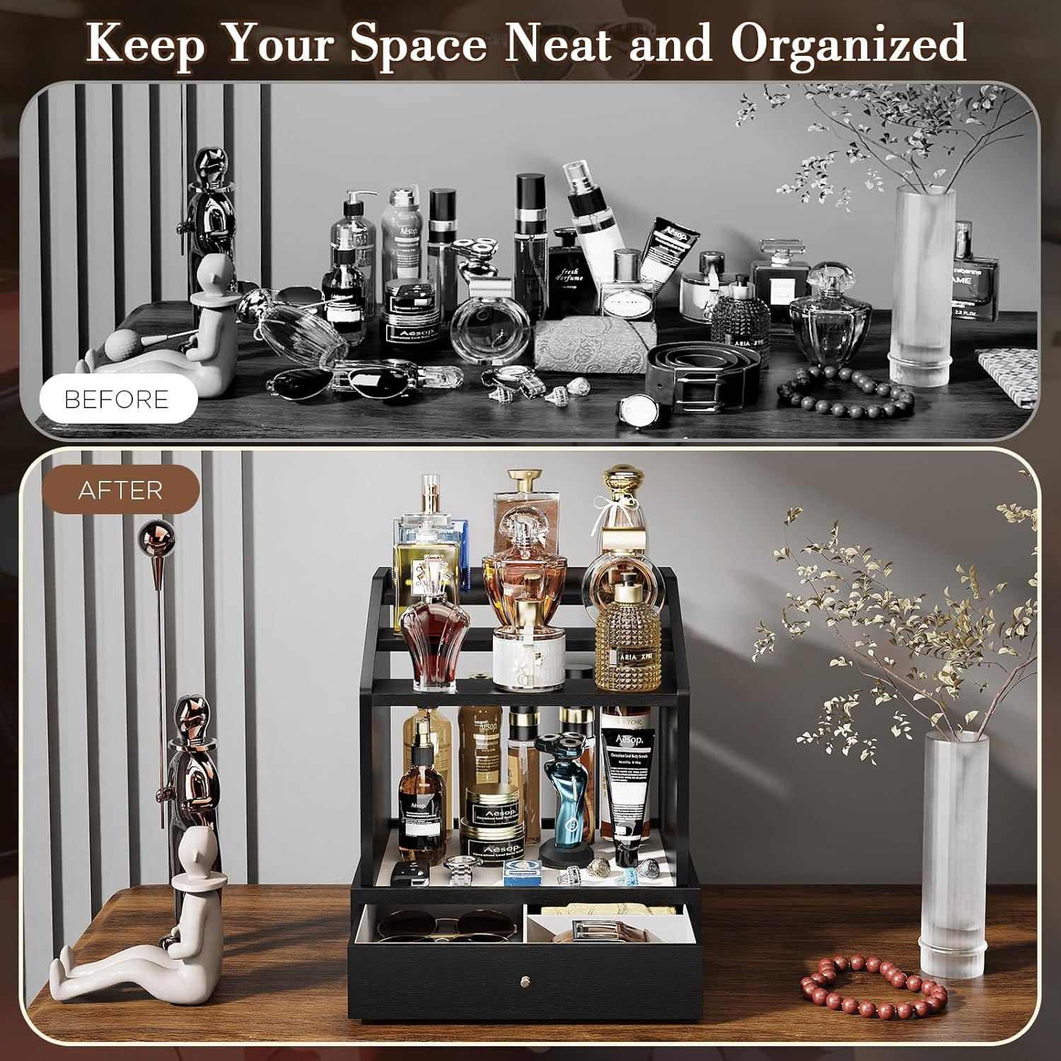 Cologne Organizer for Men, Large Capacity Perfume Organizer with Drawer, Cologne Storage Perfume Display Stand, Wooden Cologne Holder for Dresser, Black image number 6