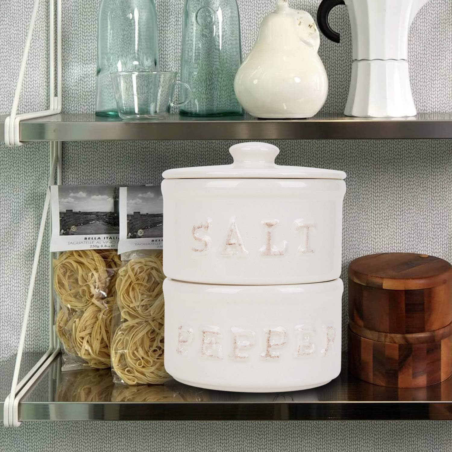 Vintage Ceramic Salt and Pepper Shaker Set Condiments Cellar Stacking Bowls with Lid