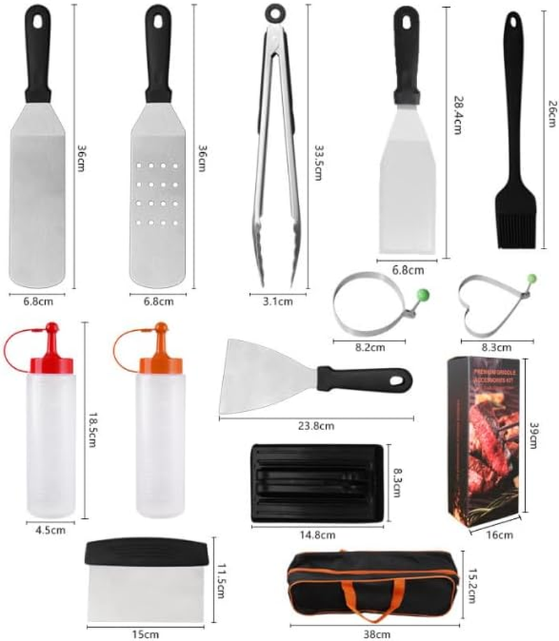 Griddle Accessories Kit, Flat Top Grill Accessories Set, Outdoor BBQ Tool Set, Grilling Utensils Set with Long Handle Metal Spatula, Griddle Scraper, Cleaning Kit, Carry Bag image number 6