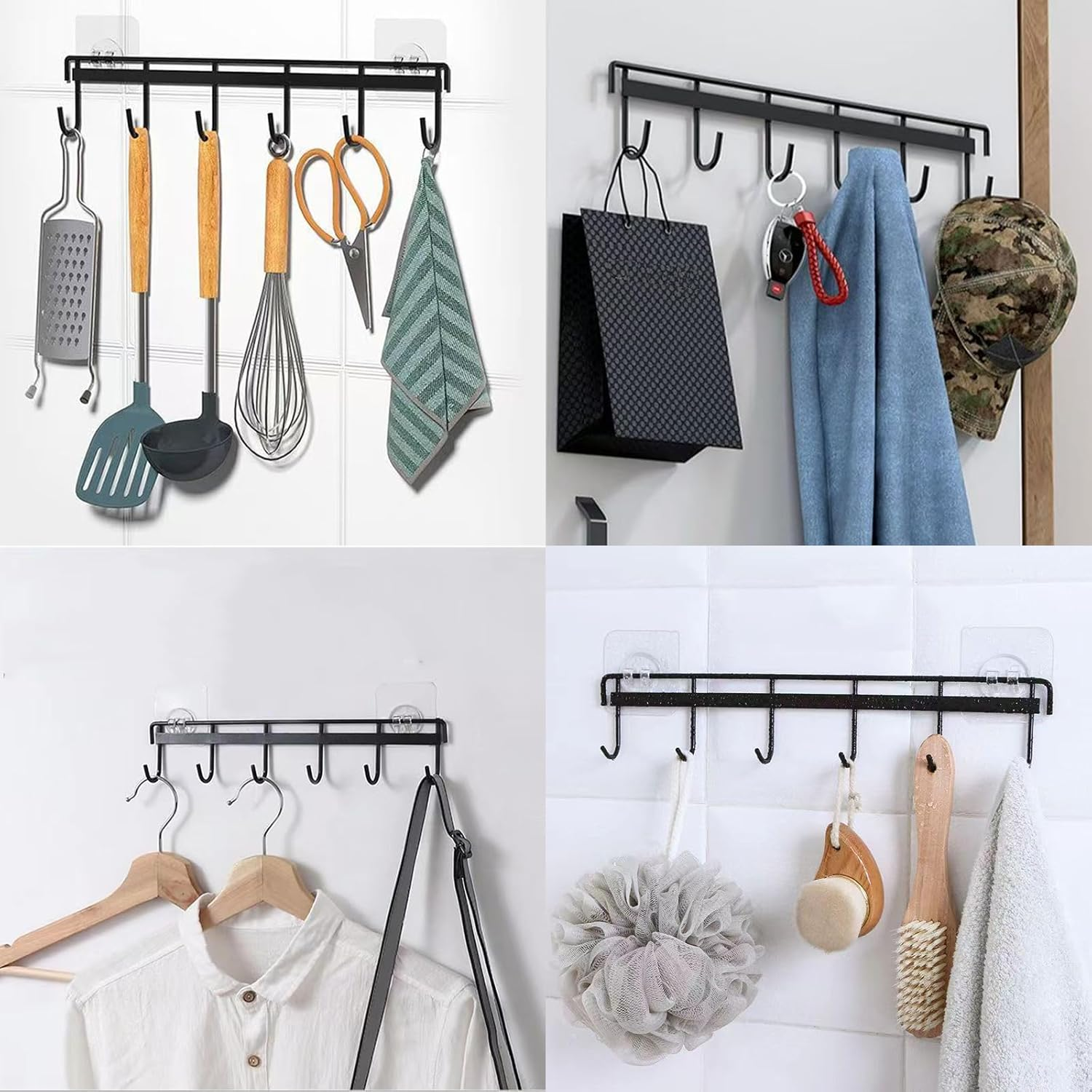 Myfolrena Adhesive Kitchen Hooks Utensil Hanger Holder Hanging Rack 2 Pack, Hanging Rack Wall Mounted Kitchen Rail for Spoons Pot Coffee Mug Cups Tags(Black) image number 6